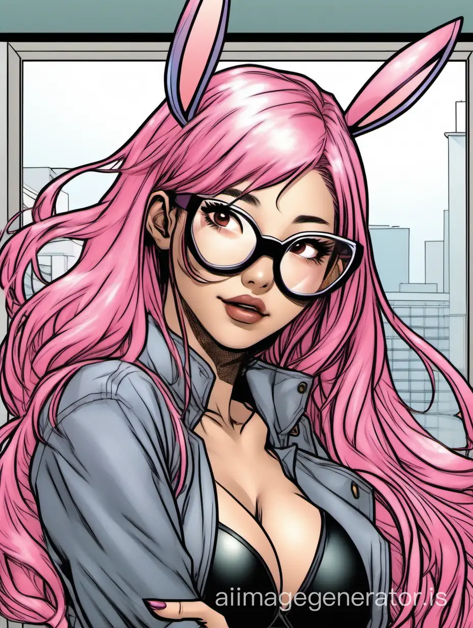 Spiderman comic panel, woman, long pastel pink hair, dark brown eyes glowing, glasses, grey bunny ears, 22 year old, beautiful korean asian, hourglass curvy body, flirtatious, smirk, sultry heart-eyes
