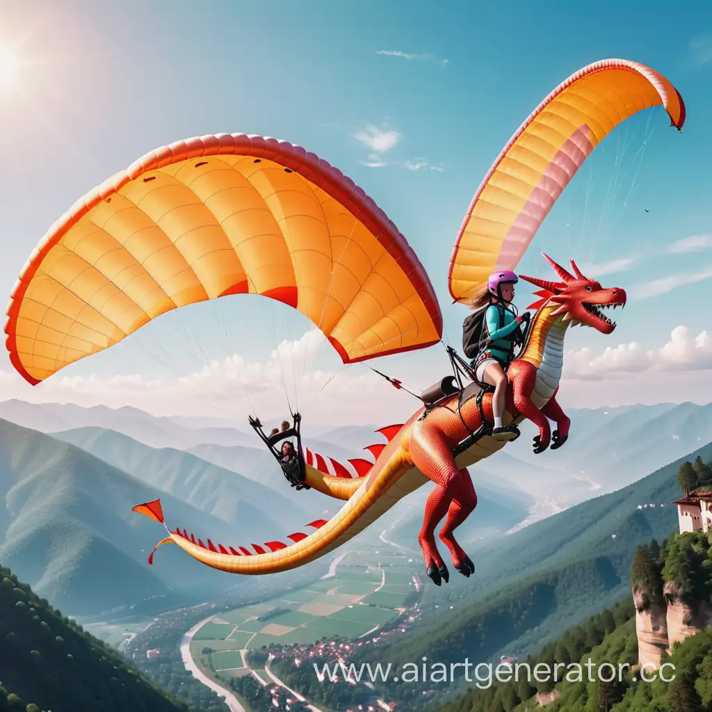 девушка летящая на параплане, но вместо параплана настоящий дракон с крыльями