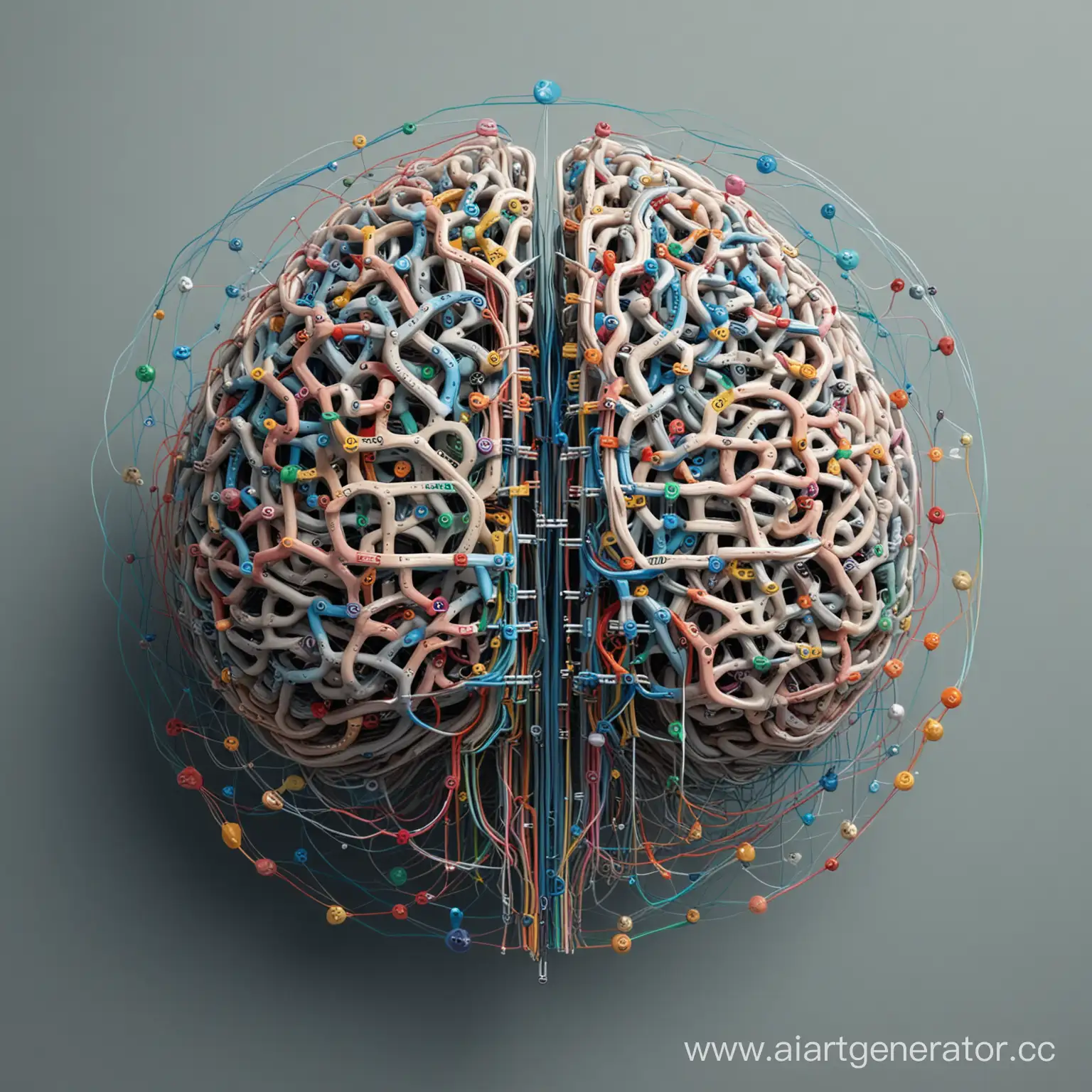 Мозг, который представляет собой нейронные сети, соединенные между собой. Мозг красиво переплетается с цифрами и буквами, символизируя анализ данных и обучение модели. Вокруг магниты, представляющие привлекательность и эффективность машинного обучения в работе с данными.