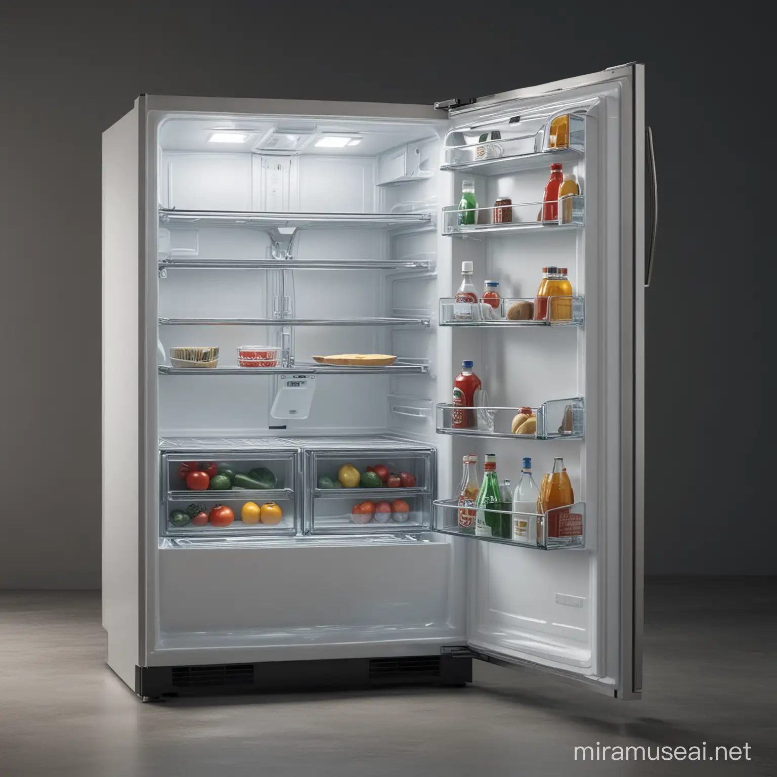 full frontal view of the open absolutely empty photorealistic refrigerator in the night kitchen