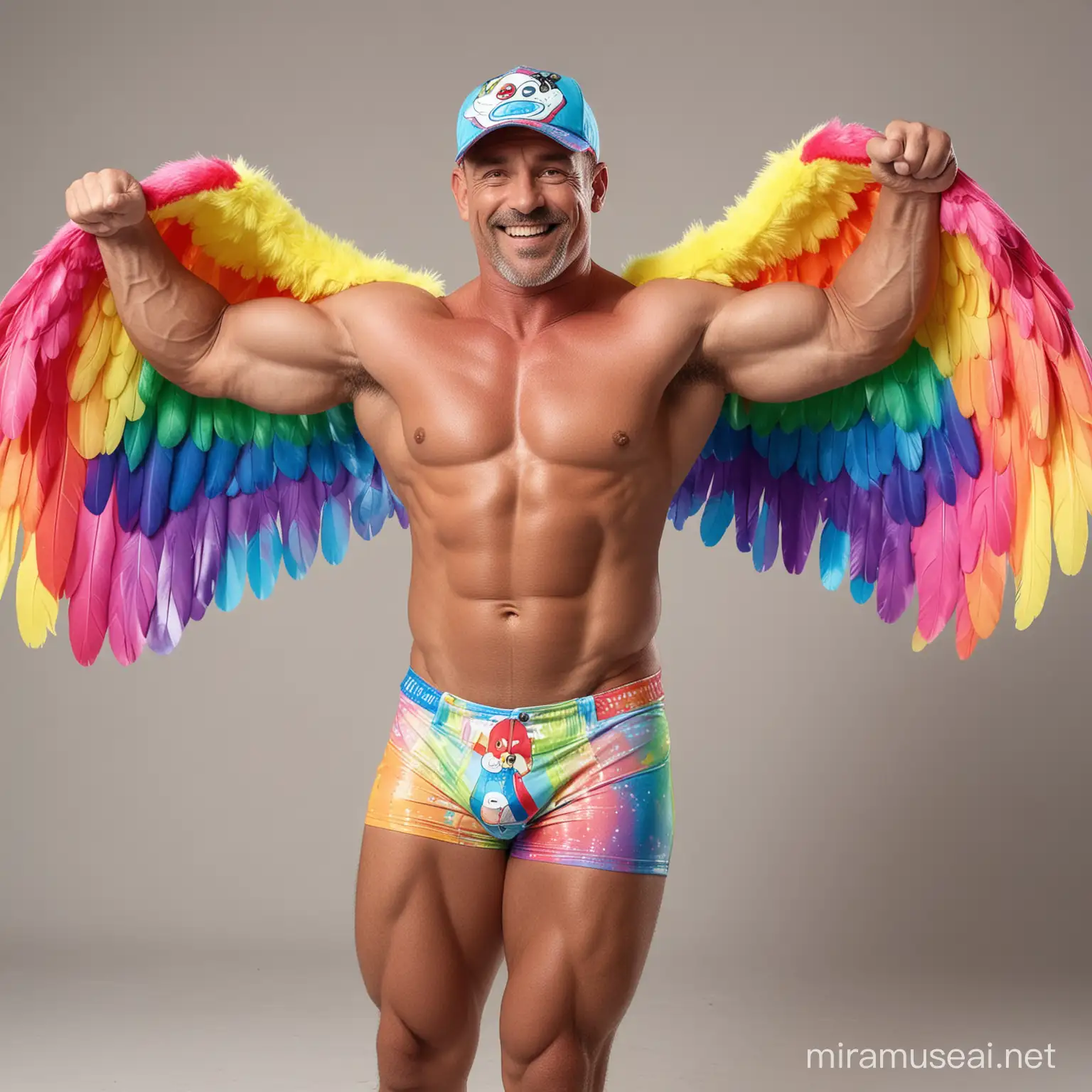 Muscular 40s Bodybuilder Flexing Strong Arm with RainbowColored Eagle Wings Jacket