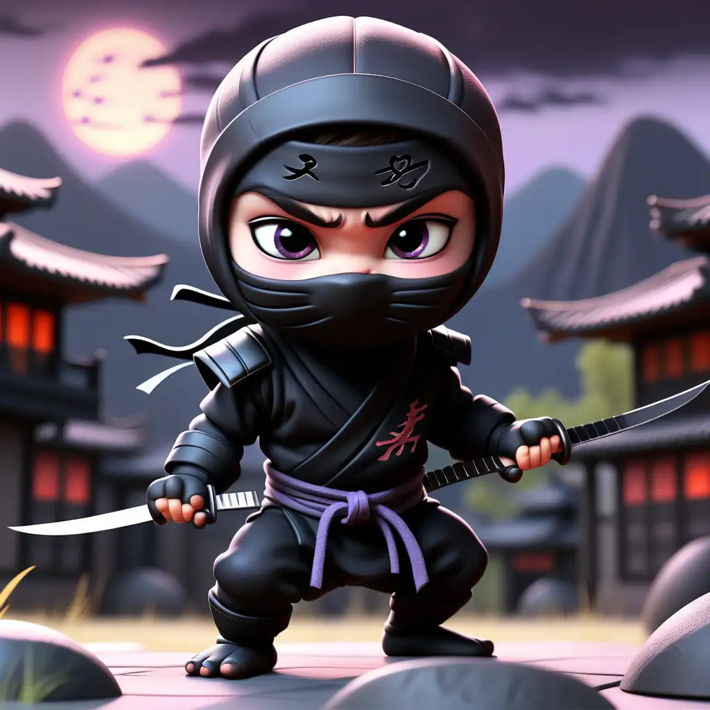 kleiner süßer baby ninja, atemberaubende Szenerie, komplett schwarz gekleidet, Dämmerung,mit ninja typischen waffen, hohe details
