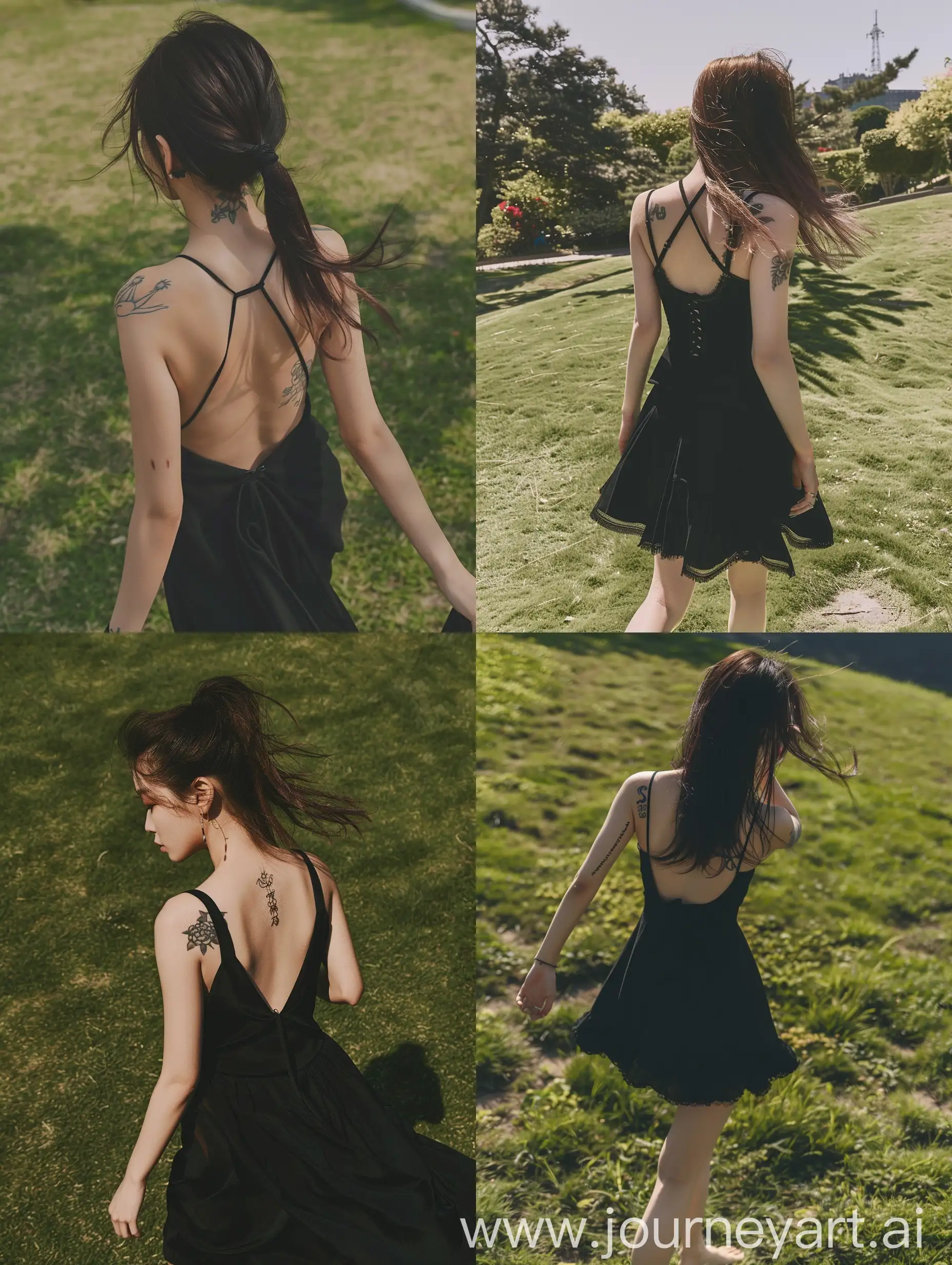 aestethic selfie, blackpink's jennie, walking on grass, black dress, back body, tattoo, bared shoulder, hiding face --ar 3:4