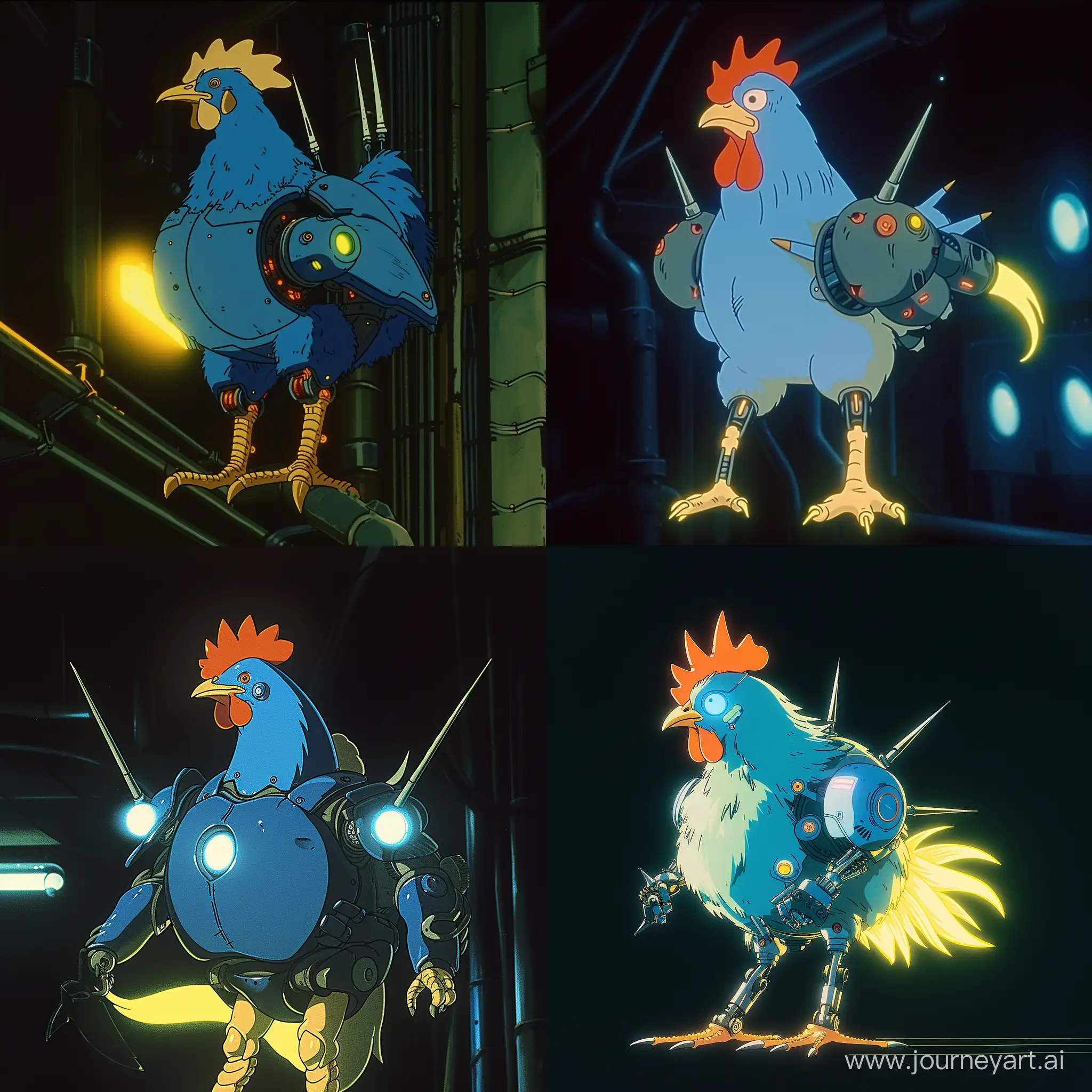 1990s anime still, style of Studio Ghibli by Hayao Miyazaki　A cartoon-style cyborg chicken with one spike sticking out from both shoulders.The head is blue and the tail is glowing yellow