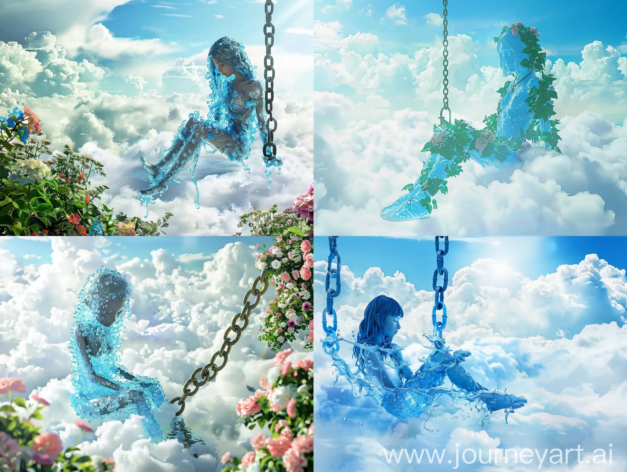 A girl made of water sitting on a chain in a garden on the clouds