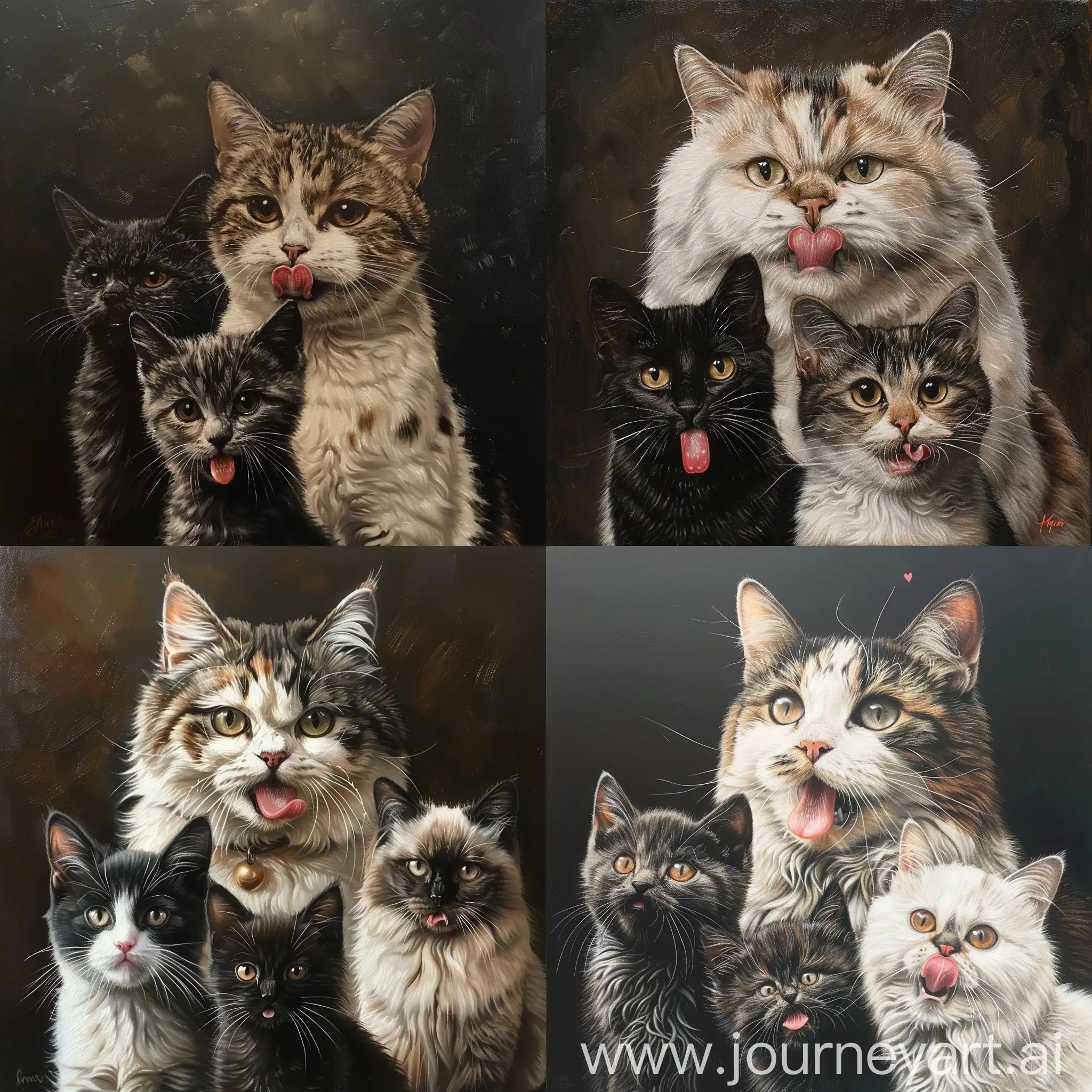 A portrait of 3 cats. The biggest cat is white with patches of brown stripes and as a heart shaped spot on it's nose. The second largest cat is black and it's tongue is hanging out. The smallest cat is grey and looks like a runt.
