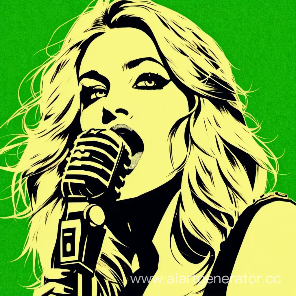 афиша концерта, рок певица блондинка , поет в микрофон, на сцене, голова повернута в сторону, глаза зеленые