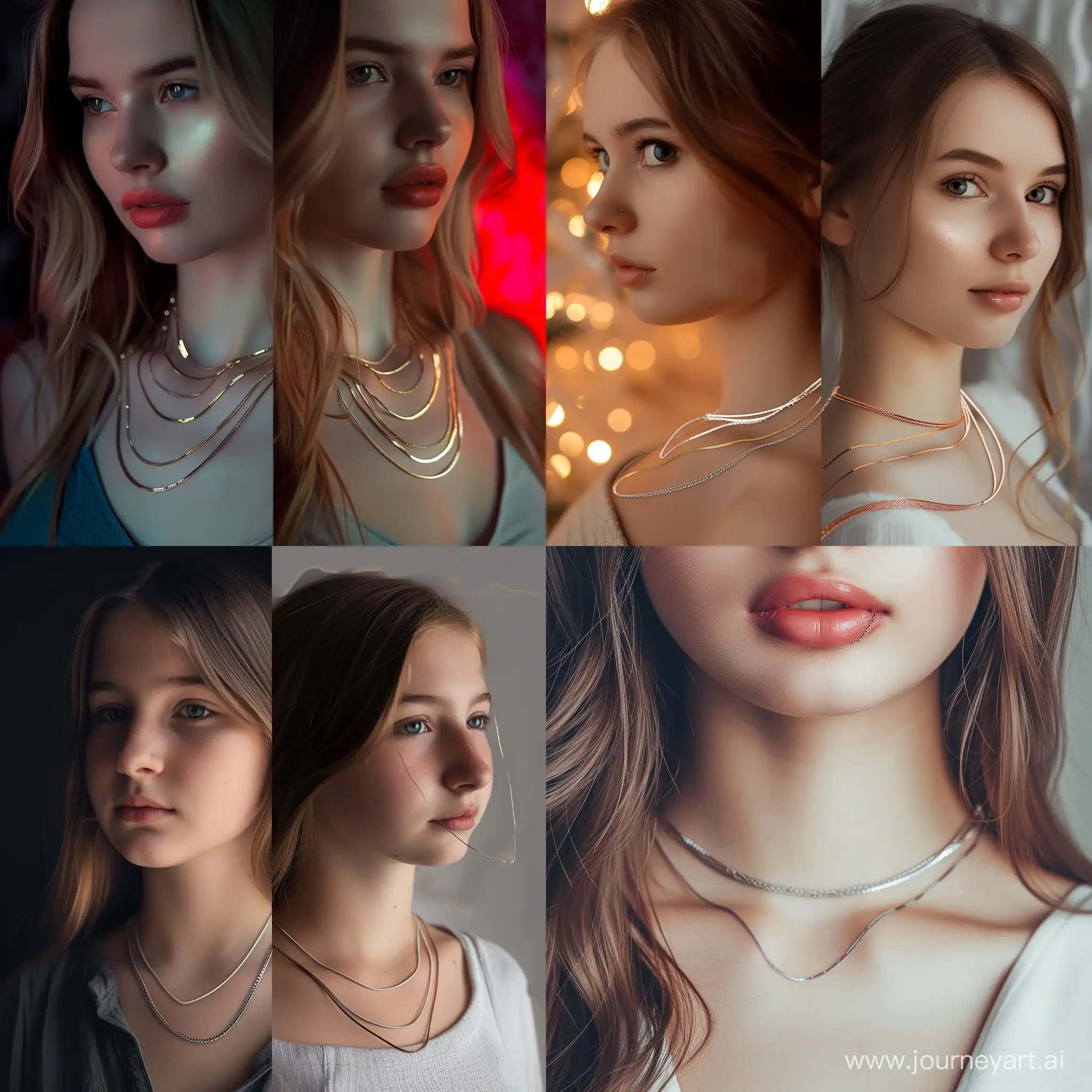 A photo was taken of an elegant and beautiful Caucasian girl, showing only 1 different thin metal necklace she was wearing around her neck. Necklaces of different colors and materials show the girl's personality and taste. Necklaces can vary in length and layering to create a unique visual effect. Through the processing of light and details, the brightness and texture of the necklace are highlighted. Make sure that the girl's image and the necklace she designs complement each other, balancing and complementing each other. The final design is a real photo, and the final design should be stylish and impressive.