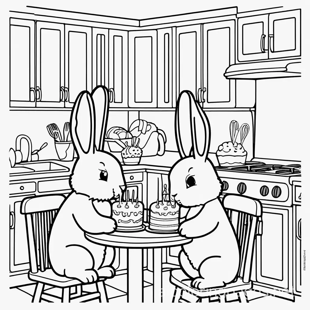 two fluffy bunnies in a kitchen, one eating cake and the other one making dinner, Coloring Page, black and white, line art, white background, Simplicity, Ample White Space. The background of the coloring page is plain white to make it easy for young children to color within the lines. The outlines of all the subjects are easy to distinguish, making it simple for kids to color without too much difficulty