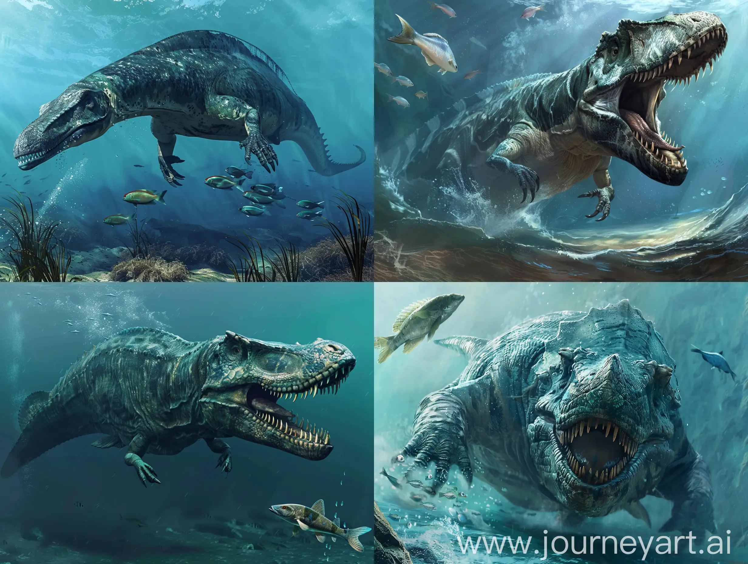  Giant mosasaur chasing fish in the depths of prinordial ocean, realistic, detailed, mesozoic, majestic. 