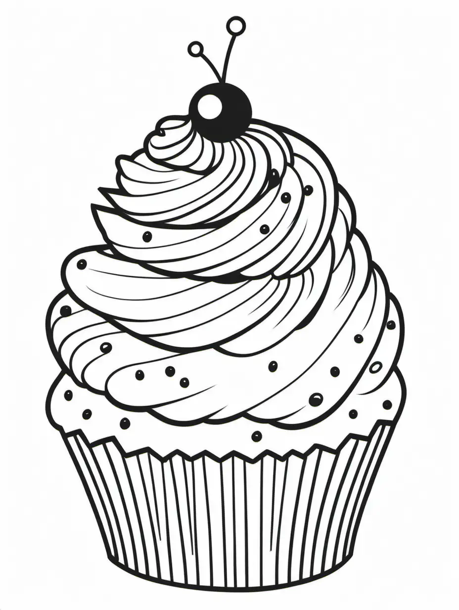 Quirky, unique, whimsical, fun, cupcake colouring page,white background, bold black lines, simple details, black and white