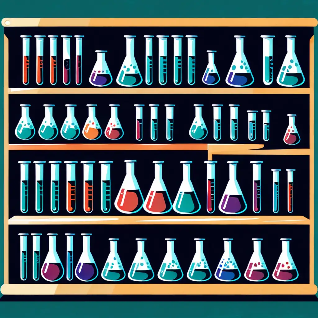 illustration of shelves with laboratory beakers, test tubes, Wurtz flask