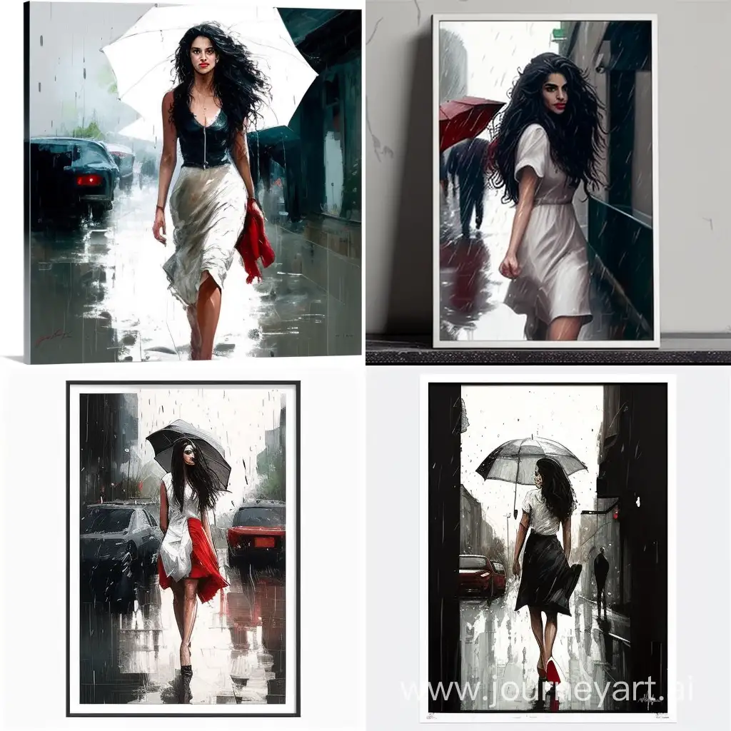 a Persian tall girl with black hair and white dress and red high heels walking in a street under the rain and her hair and dress are wet --v 4 --ar 1:1 --no 97135