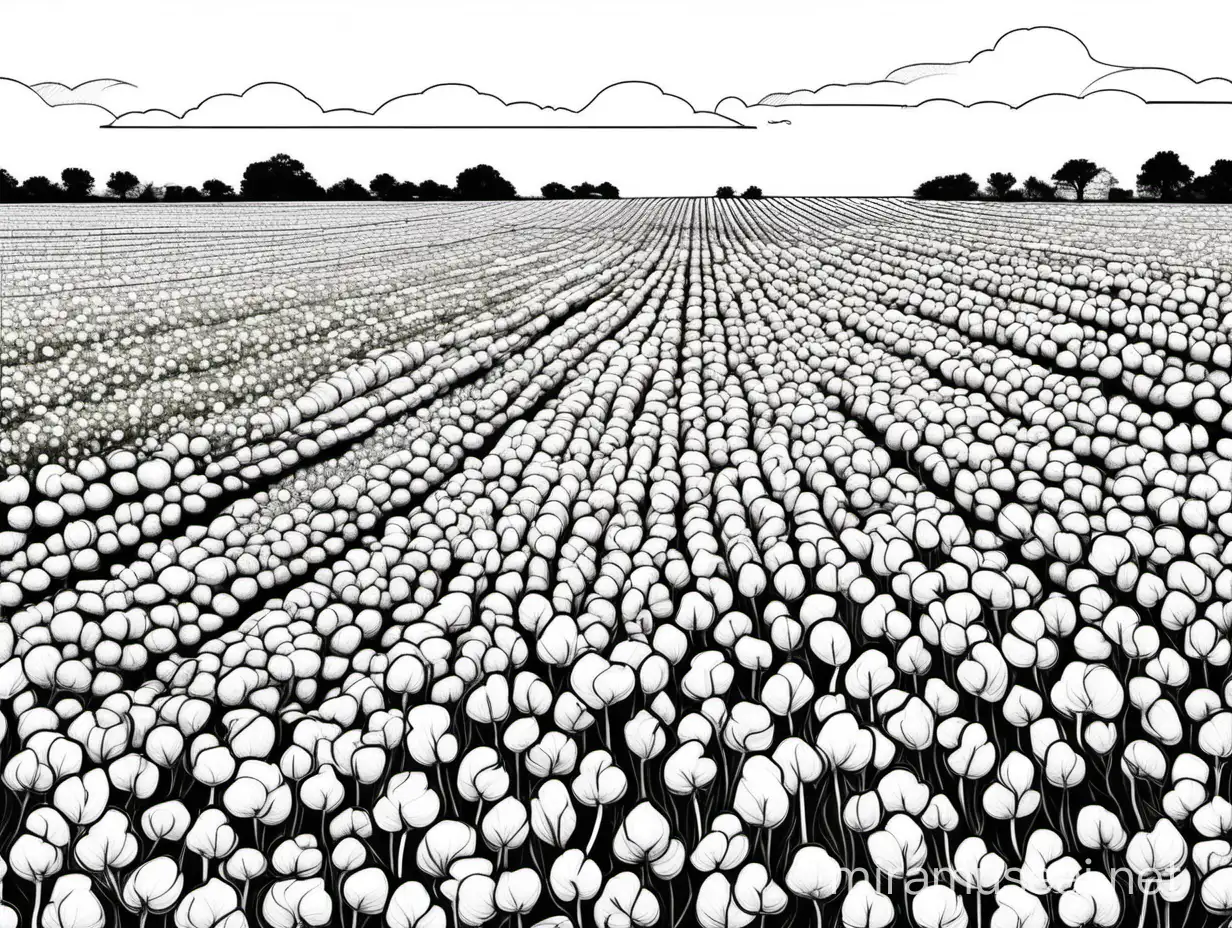 Vibrant Cotton Field Drawing with Detailed Coloring