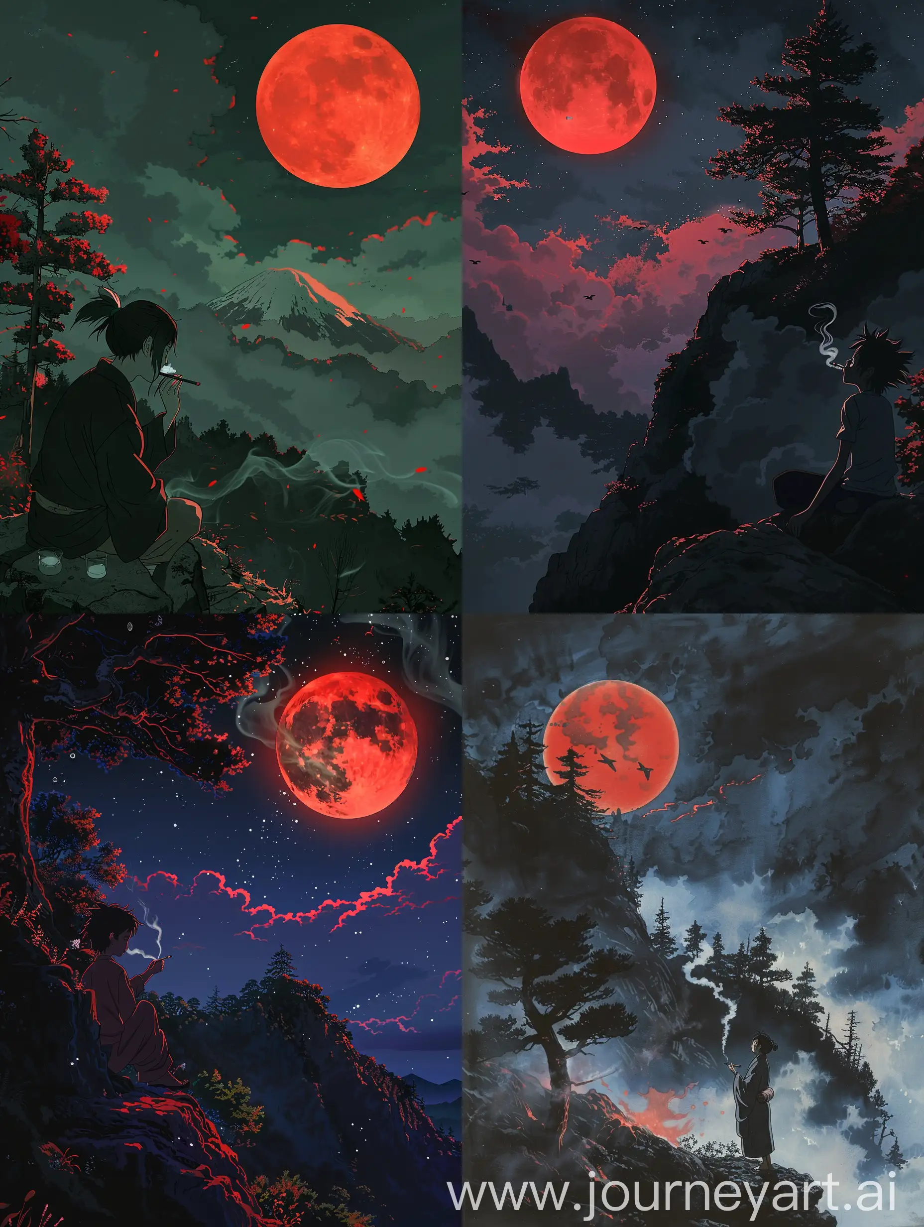 In anime dark night a character smoking on the mountain and tress and red moon studio Ghibli 