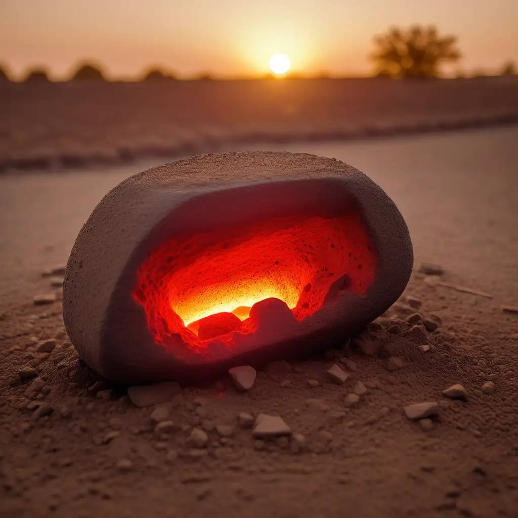 An ember stone resting on a flat side within a dirt field and a sunrise in the background.  Its rounded side faces up.