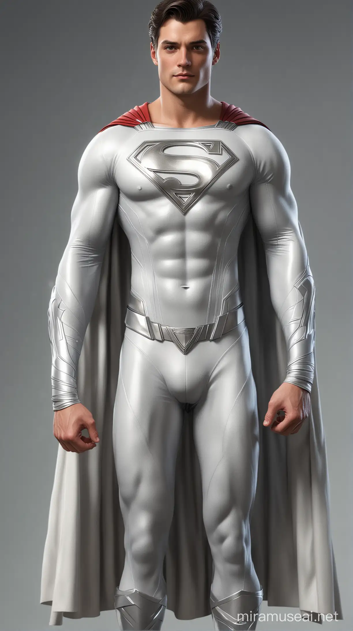 full body photorealistic handsome young celestial superman wearing white and silver