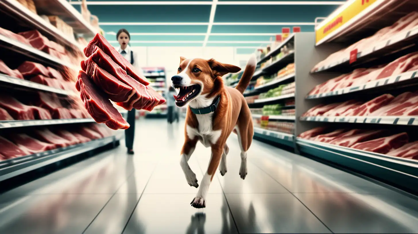 Create a poster of a dog in a supermarket running away with a stolen piece of fresh meat in its mouth, followed by a beautiful young girl in a salesman's uniform -- Drone photography, Cinematic haze, powerful action shot/action motion shot, dynamic movement, intense emotion"
