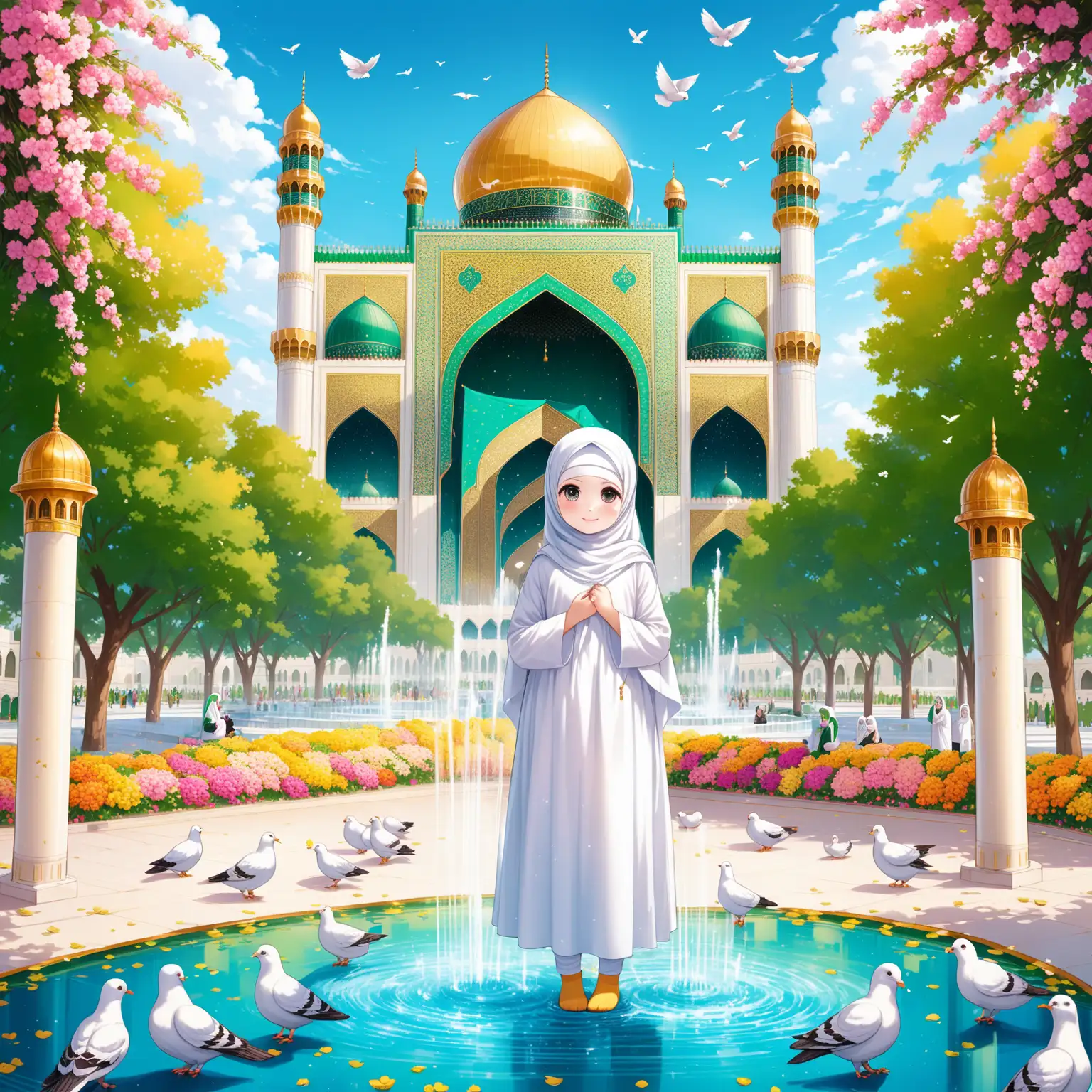 Character Persian little girl(full height, Big white flag in one hand proudly, baby face, Muslim, with emphasis no hair out of veil(Hijab), smaller eyes, bigger nose, white skin, cute, smiling, wearing socks, clothes full of Persian designs).

Atmosphere beautiful shrine of Imam Reza, golden dome, yard, Colorful flowers, pond with water fountain, many pigeons, nobody.