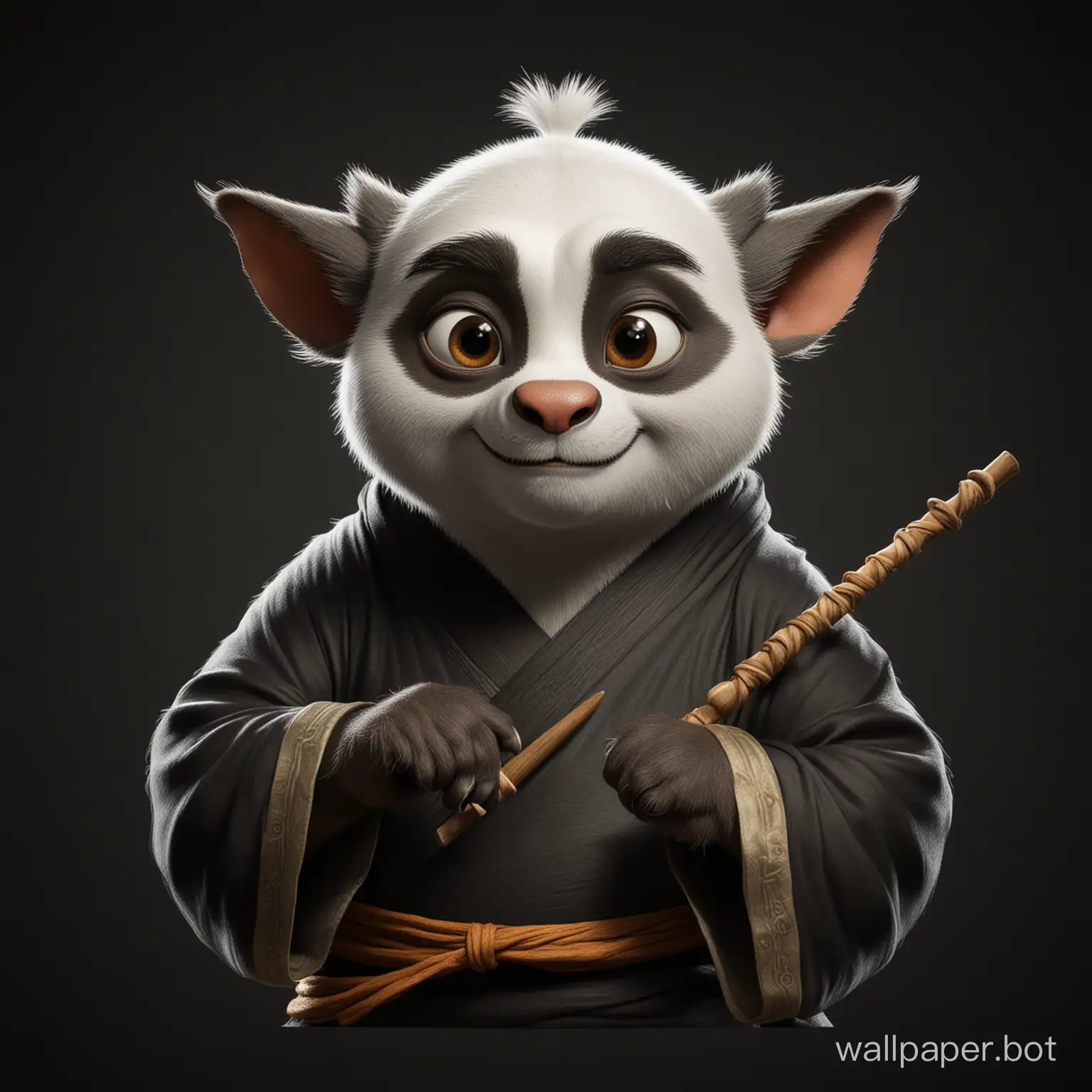 Draw a realistic Master Shifu from the cartoon "Kung Fu Panda" on a black background.