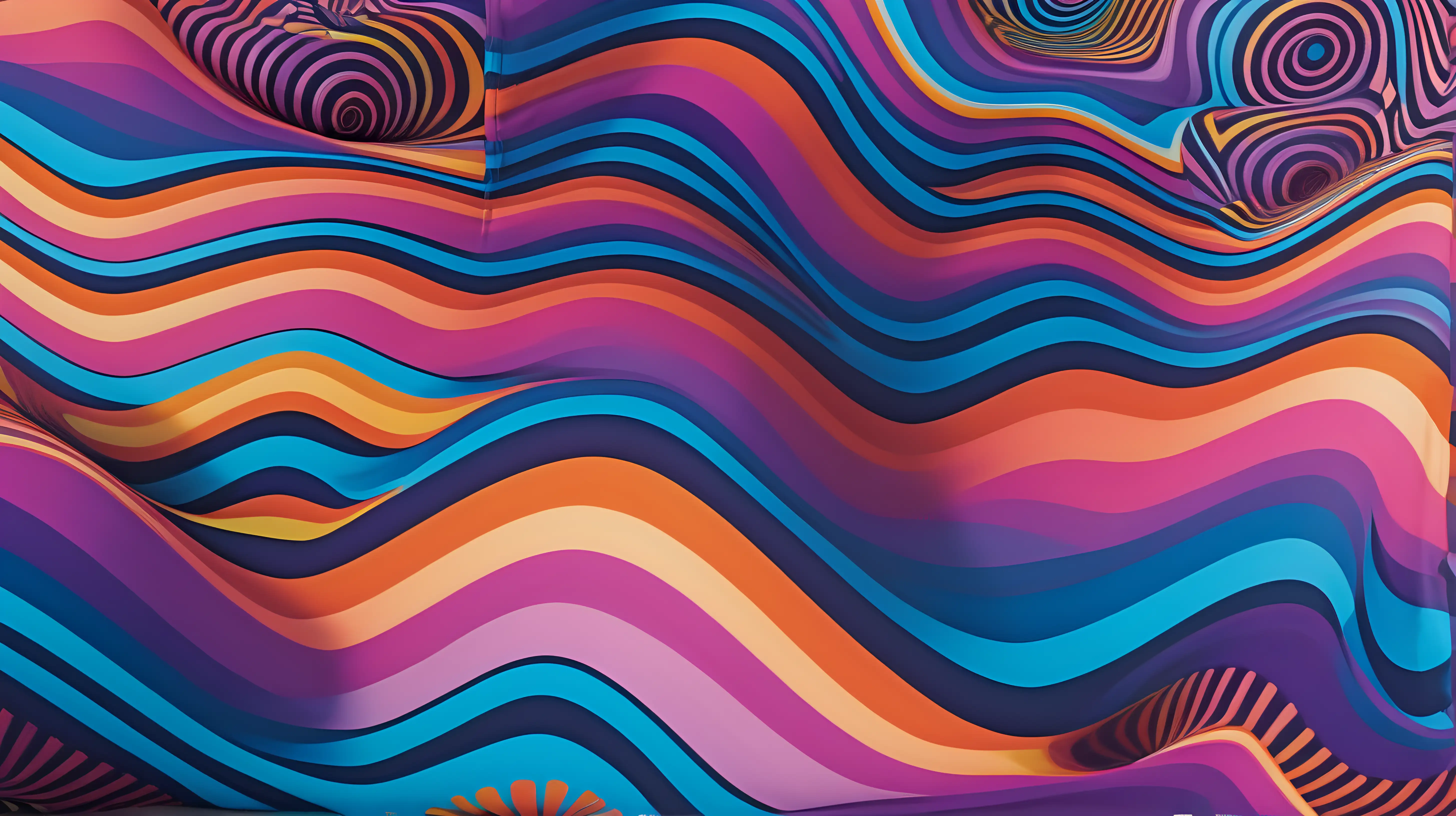Vivid and contrasting hues blend in a hypnotic pattern, creating a psychedelic landscape. The design exudes energy and a sense of optical illusion.