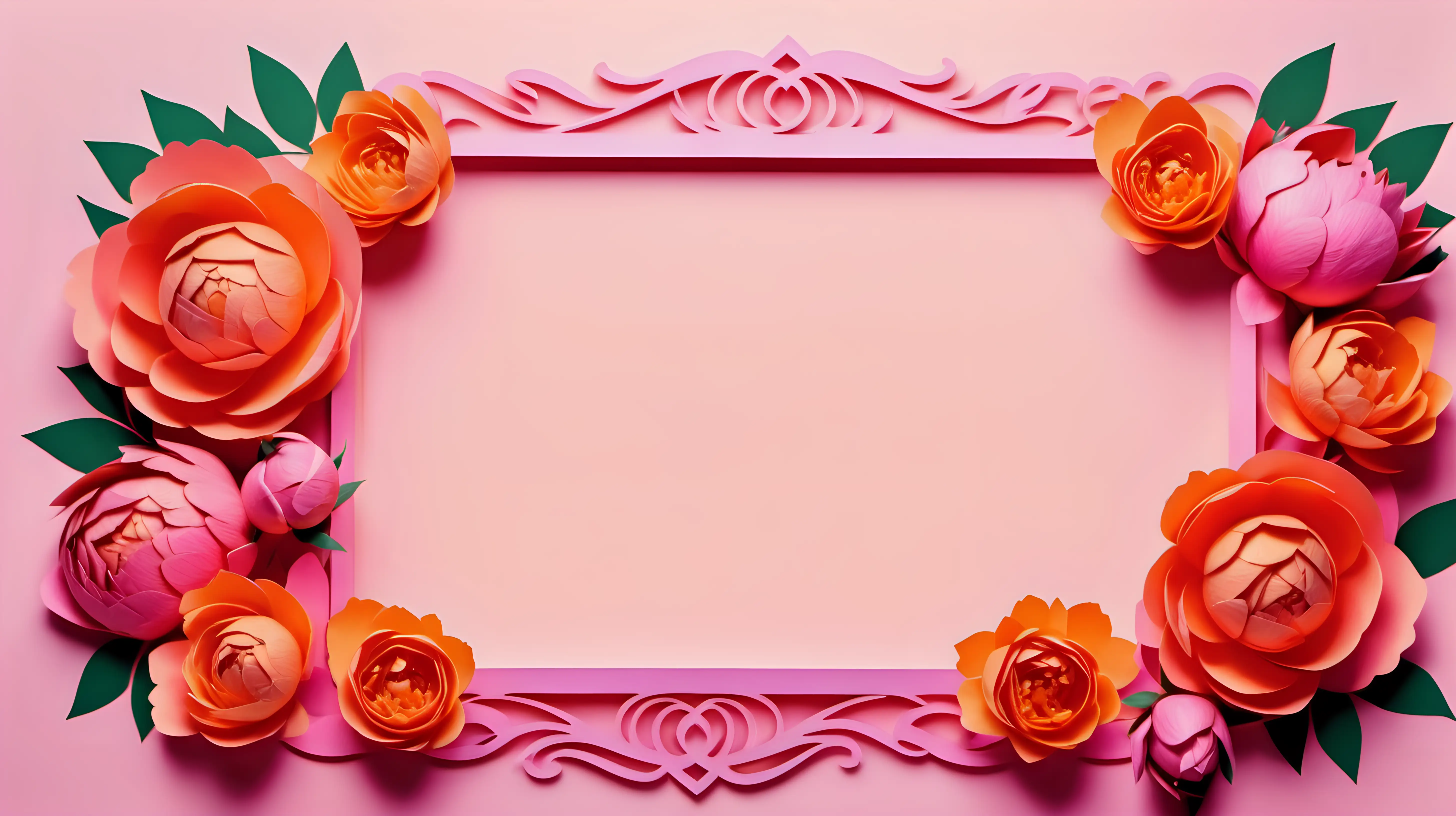pink orange rose peony flowers frame, women's day concept, copy space, isolated on background, paper cut style