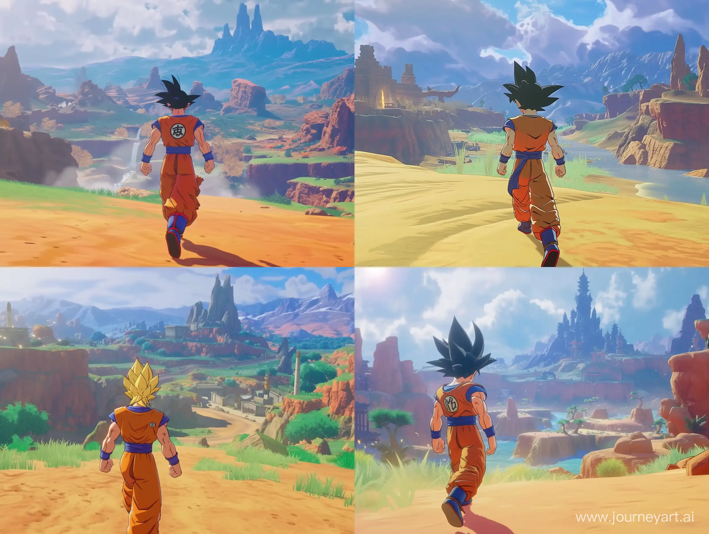 The video game " dragon ball z fighters" is set in a creative world  and a full view third-person perspective. Specifically designed for the PS5, this version follows the main character on an expansive open-world adventure powered by the Unreal Engine 5. The game is set in a daytime setting in an open environment landscape. The main character is seen walking through a open area
