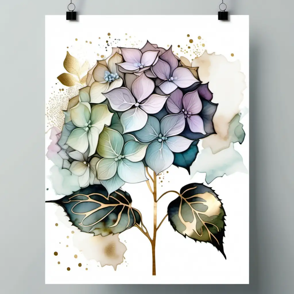 Delicate hydrangea 
, magnificent , muted watercolor and alcohol ink with gold accents., poster, painting, illustrationv0.2