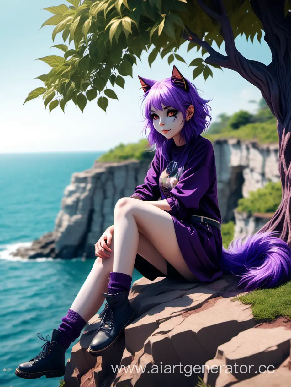 High quality, a cat girl with purple hair sits under a tree growing on a cliff by the sea