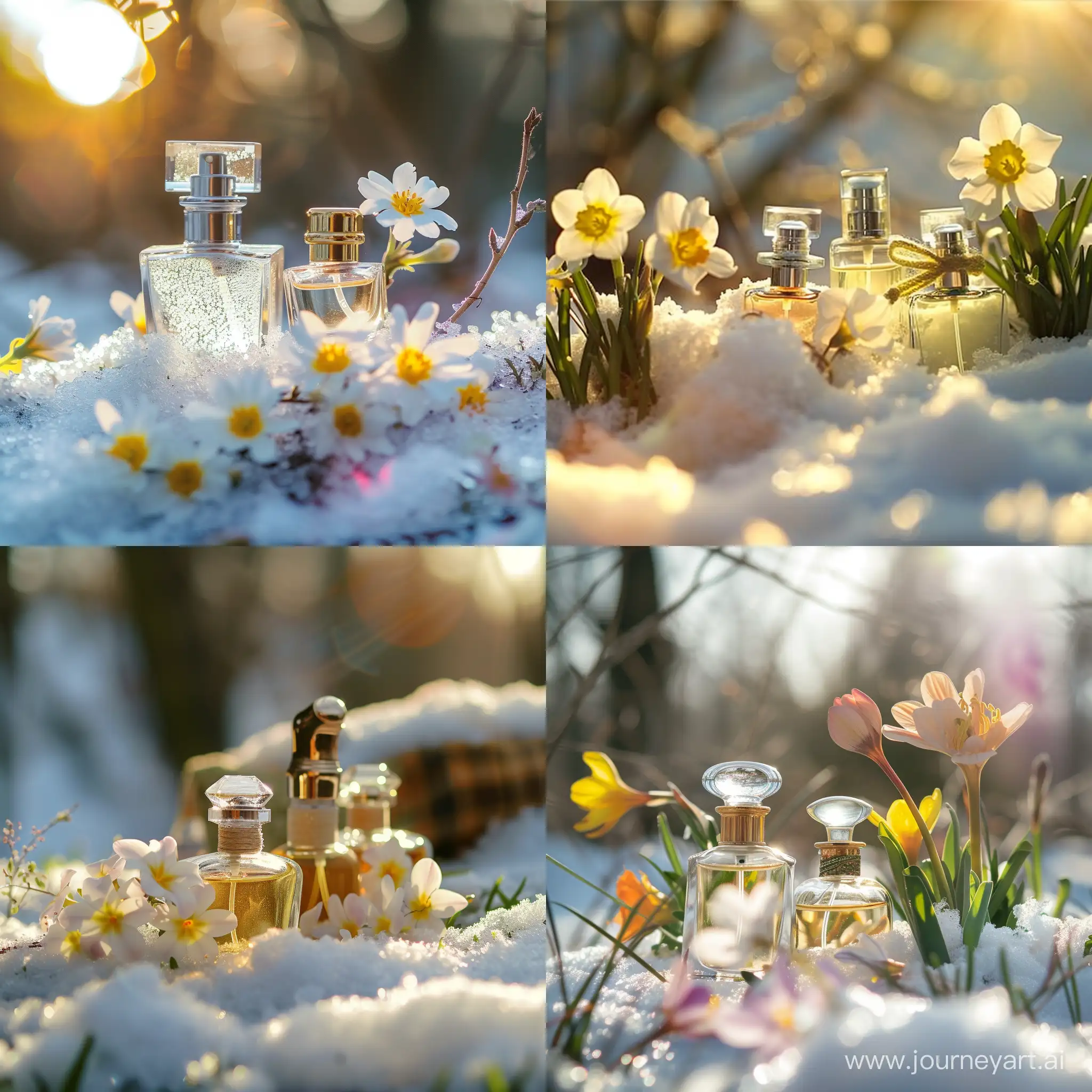флакони парфумів, квіти ранньої весни, сонце, сніг