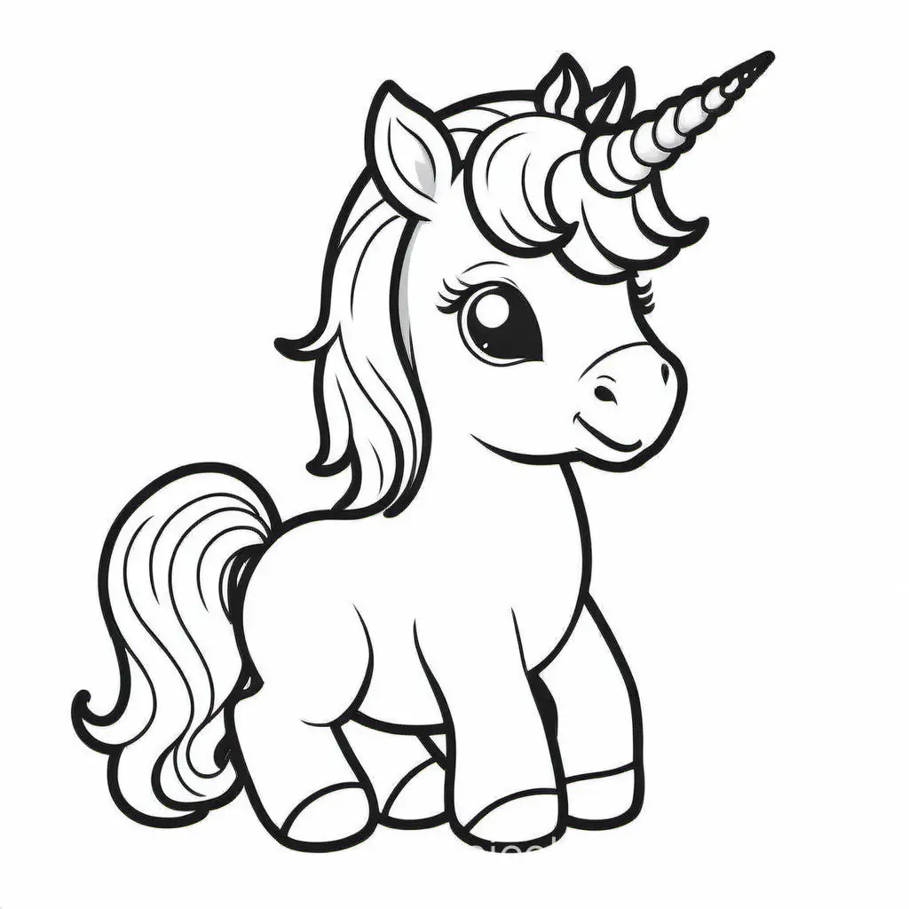 Baby unicorn without background , Coloring Page, black and white, line art, white background, Simplicity, Ample White Space. The background of the coloring page is plain white to make it easy for young children to color within the lines. The outlines of all the subjects are easy to distinguish, making it simple for kids to color without too much difficulty