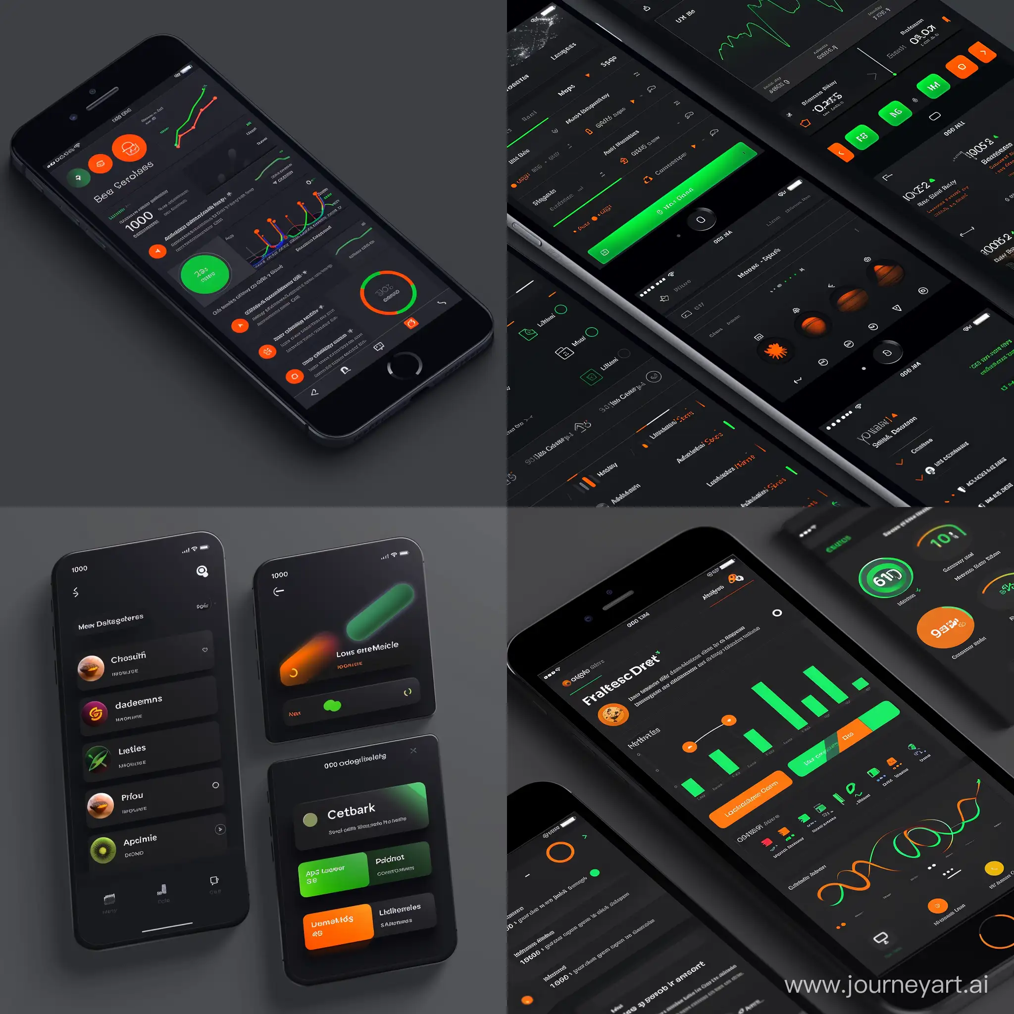 Dark-Mode-iOS-App-UI-Components-with-Green-Accent-and-Orange-Highlights