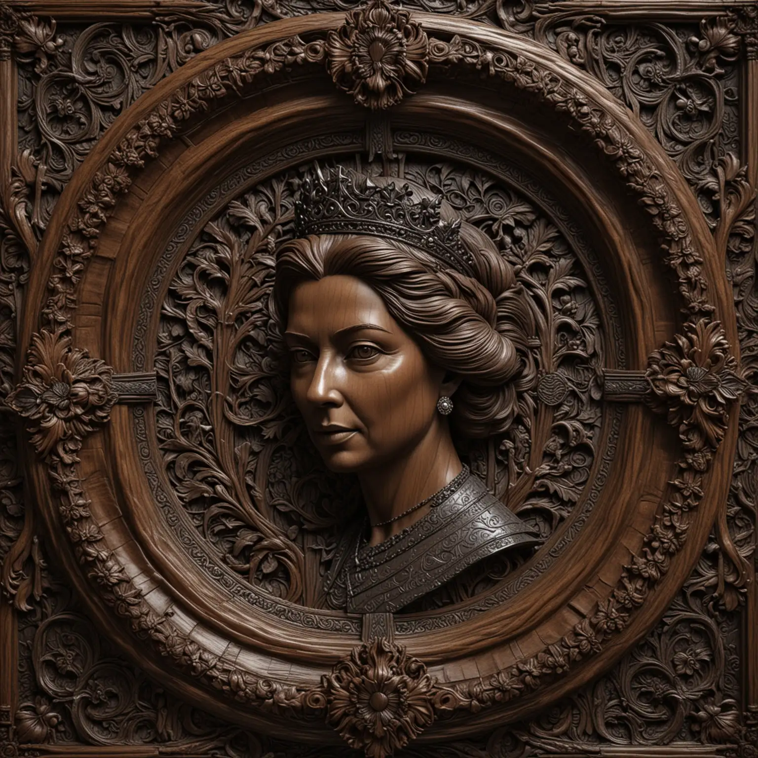 Intricately-Carved-Dark-Wood-Panel-with-HM-Queen-Elizabeth-2-Inspired-by-Game-of-Thrones