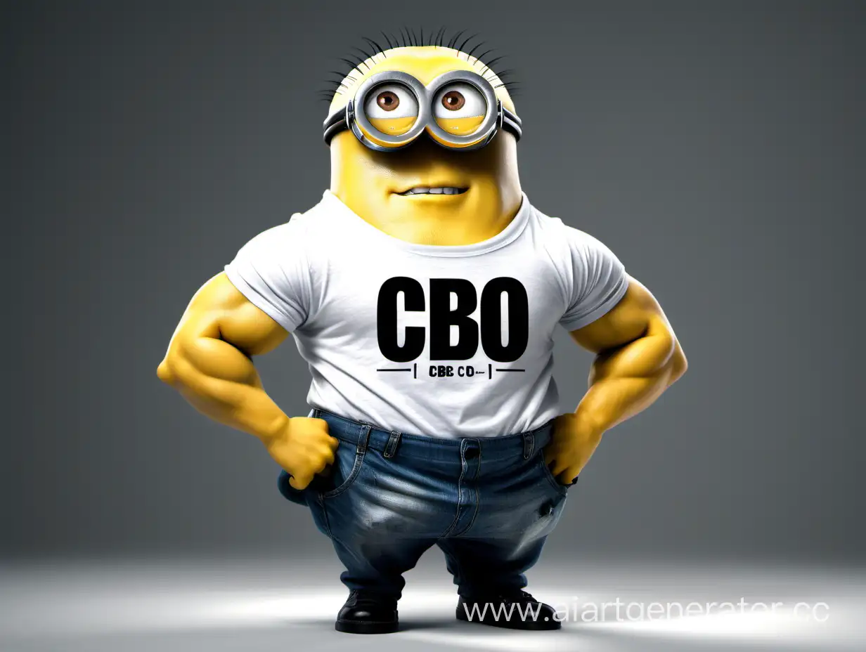 An extremely muscular minion poses in a T-shirt with the inscription 'CBO'