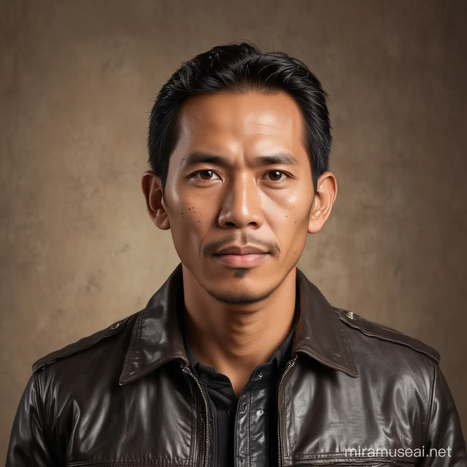 An Indonesian man 45 years ,clean face, wearing leather jacket, post war background
