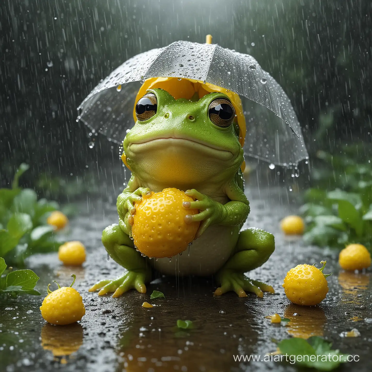 лягушка ест жёлтую клубнику под дождём