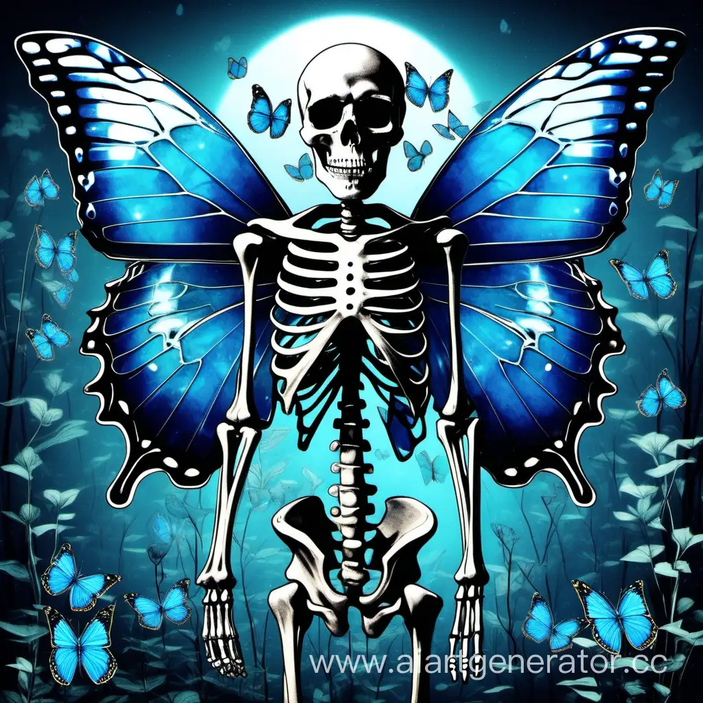 Mysterious-Blue-Butterflies-Surrounding-a-Enigmatic-Skeleton