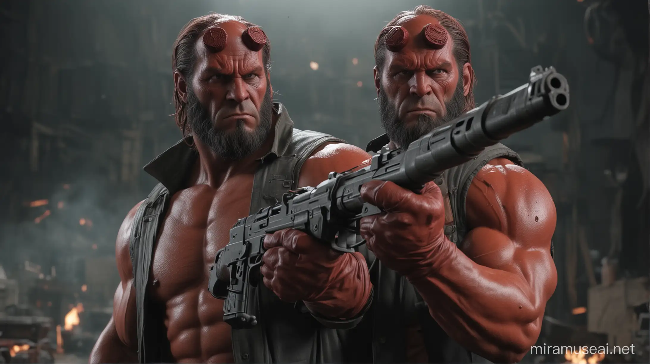 Realistic Hellboy, holding a gun , looking at the camera angle , muscular red body ,, 8k behind him fire 