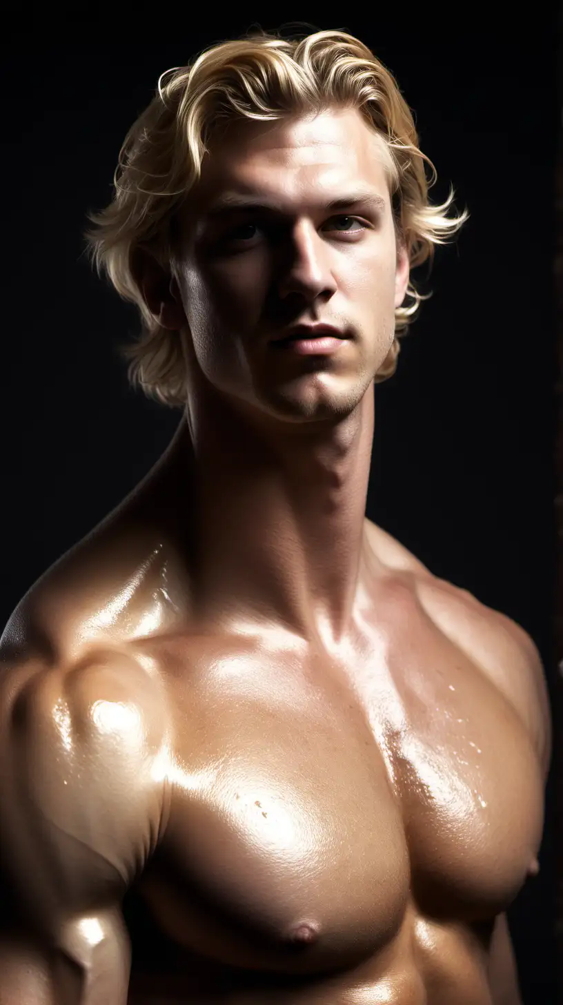 Prompt blond male Greek wet god mythical body Prompt /imagine prompt : An ultra-realistic photograph captured with a canon 5d mark III camera, equipped with an 85mm lens at F 1.8 aperture setting, portraying male athlete mythical body. The background is dark with bright white studio light highlighting the subject's body and face. The subject is facing with his back towards the camera, he is looking over his shoulder. The image, shot in high resolution and a 9:16 aspect ratio, captures the subject’s natural beauty and sexuality with stunning realism Soft spot light gracefully illuminates the subject’s body, highlighting the body, casting a dreamlike glow. make it really realistic and detailed --ar 9:16 --v 6 --style raw