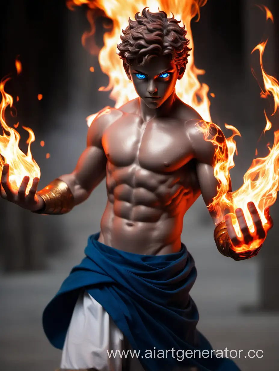a boy, greek god physique,blue eyes,fire powers