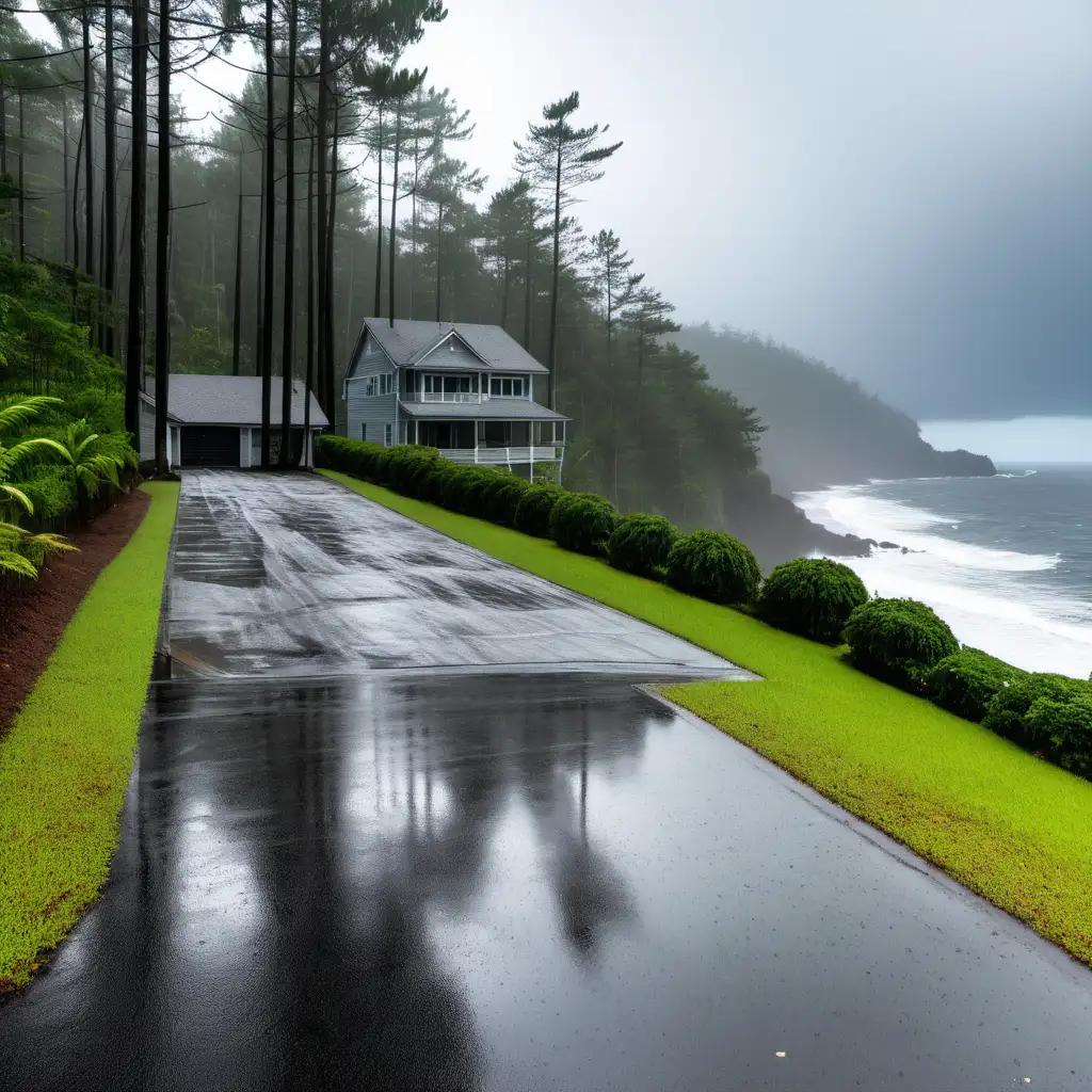 A wet driveway after a storm leading to a house in the forest next to the ocean.