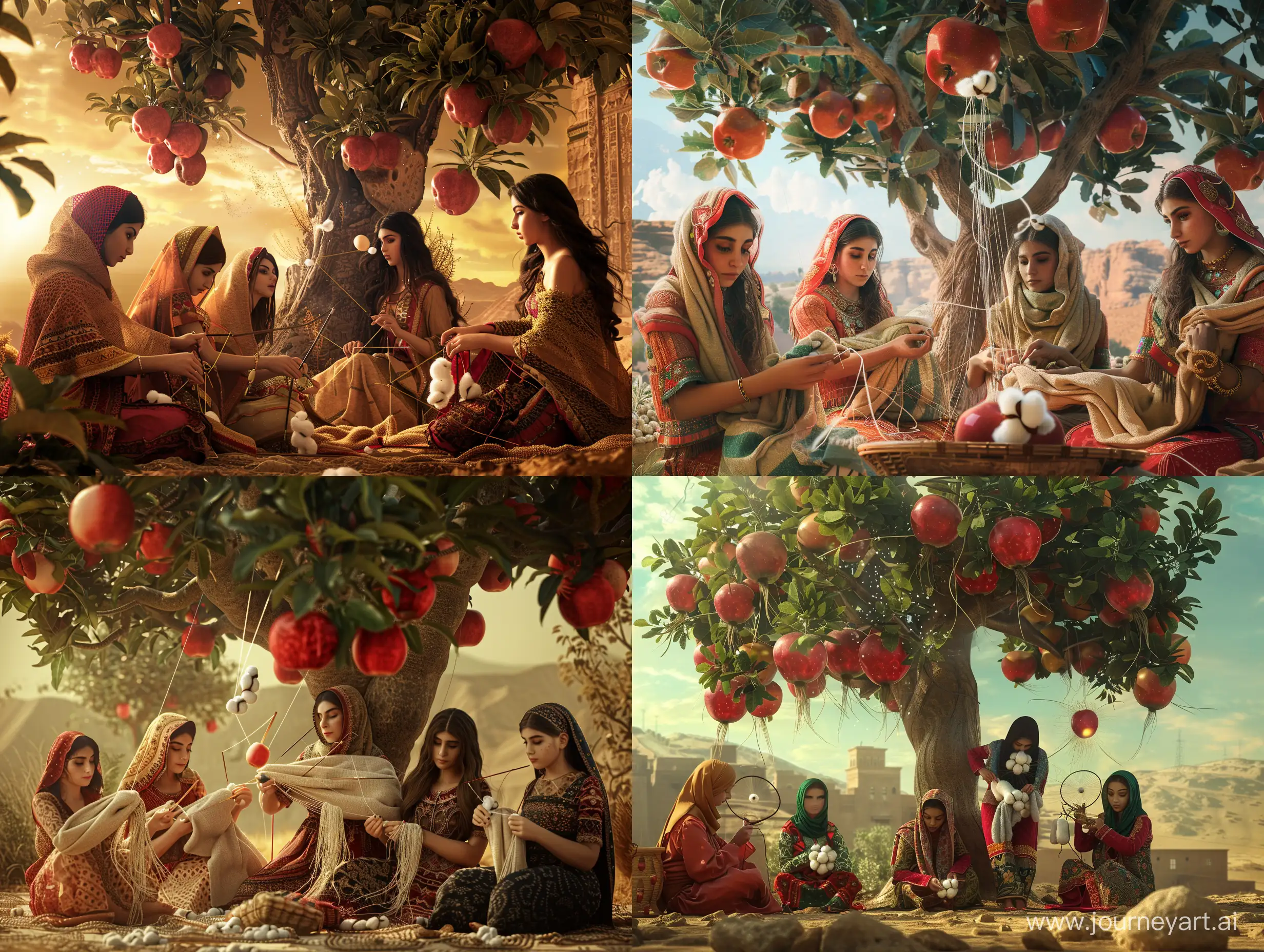 Beautiful young Persian women are knitting shawls with cotton and spindles under a giant apple tree with apples the size of watermelons, when an apple falls from the tree on one of the women's heads. in an ancient civilization, in a desert, cinematic, epic realism,8K, highly detailed, backlit, glamour lighting