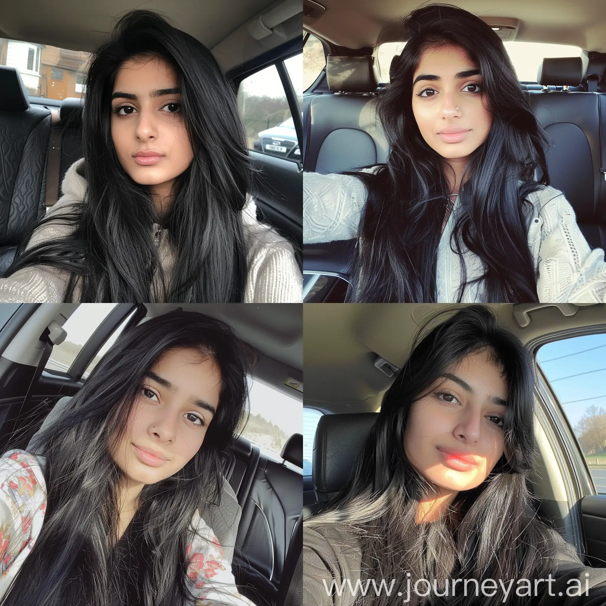 A british Pakistani girl with long black hair taking selfie in a car --v 6