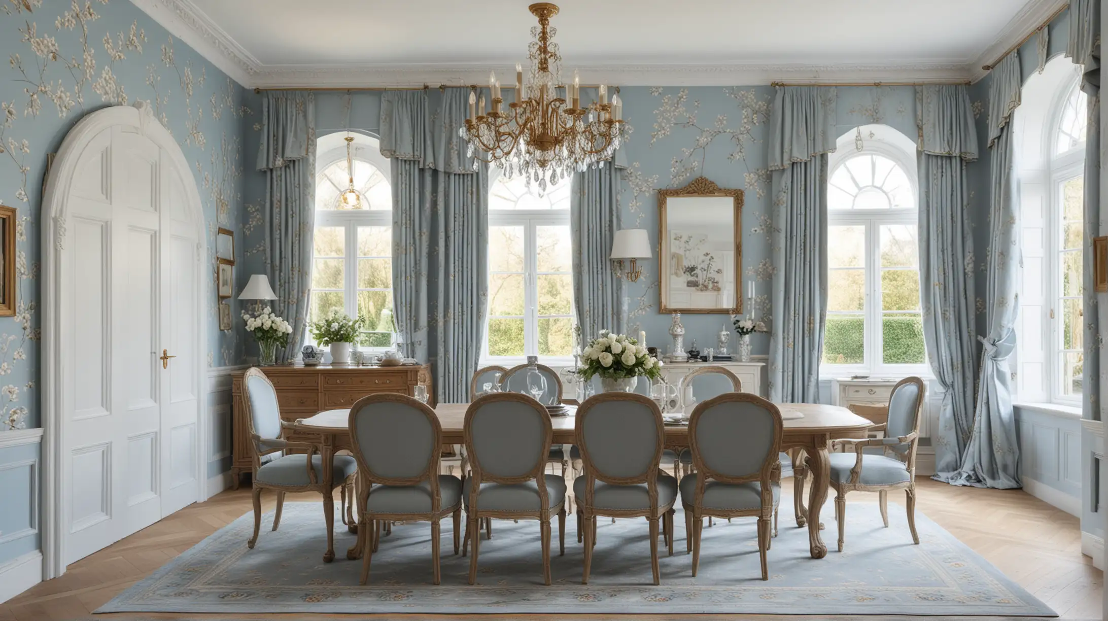 hyper realistic dining room with pale blue and beige chinoiserie wall paper,above wainscotting running acroos the room. large french windows till floor level,linen curtains with border, classic dining table with 8 chairs, fully upholstered, the view of the dining room is through an arched opening. Oak chevron parquet flooring with cool natural oak colour. Long brass chandelier with fabric lamps in soft blue floral print. vintage plates on the wall. Light filtering through the window. ceiling colour is a pale powder blue.The orientation of the dining table is long when viewe
d from the arch entrance--v6.0 