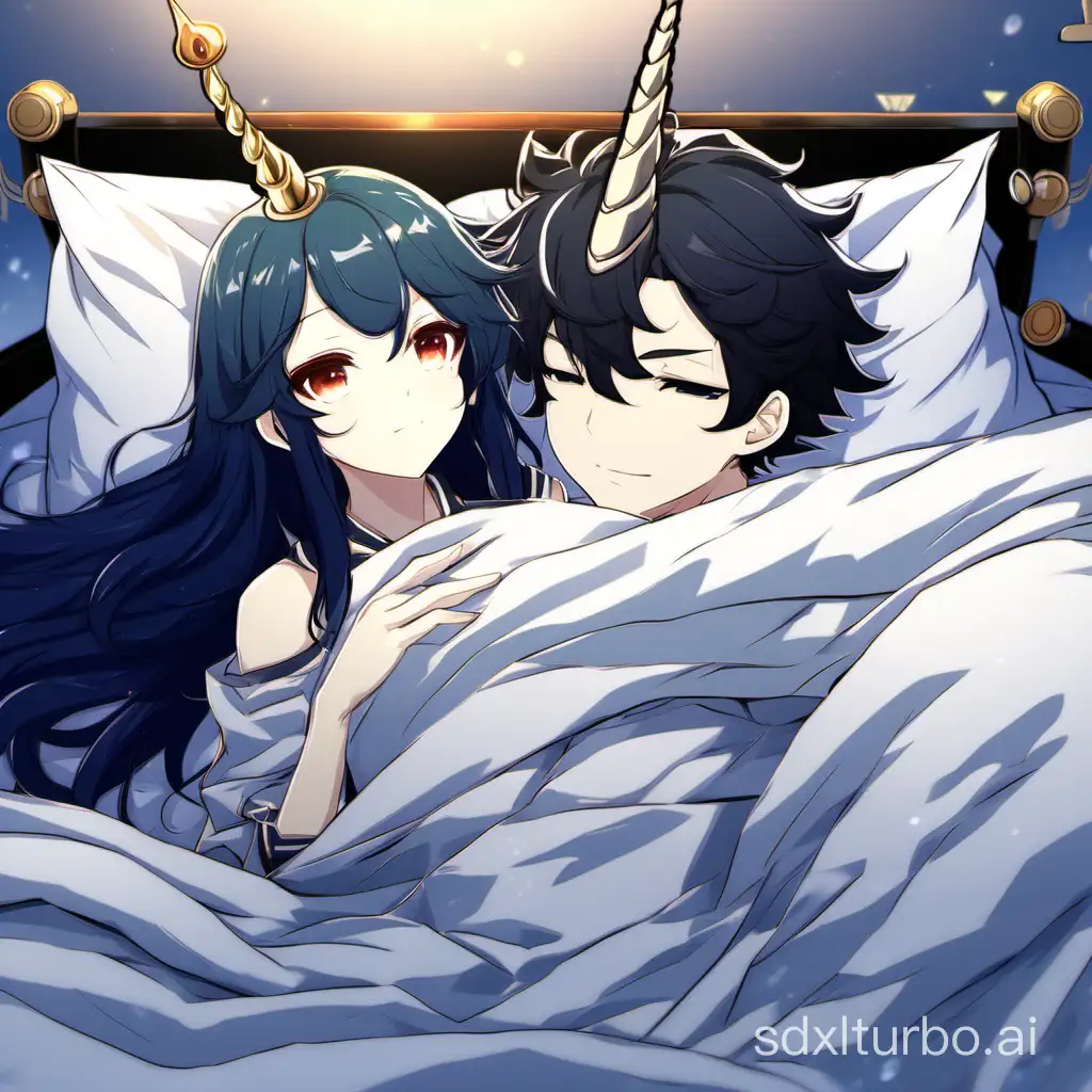 Deep sea, girl, anime, Genshin Impact, black hair, unicorn horn, lying in bed, a man