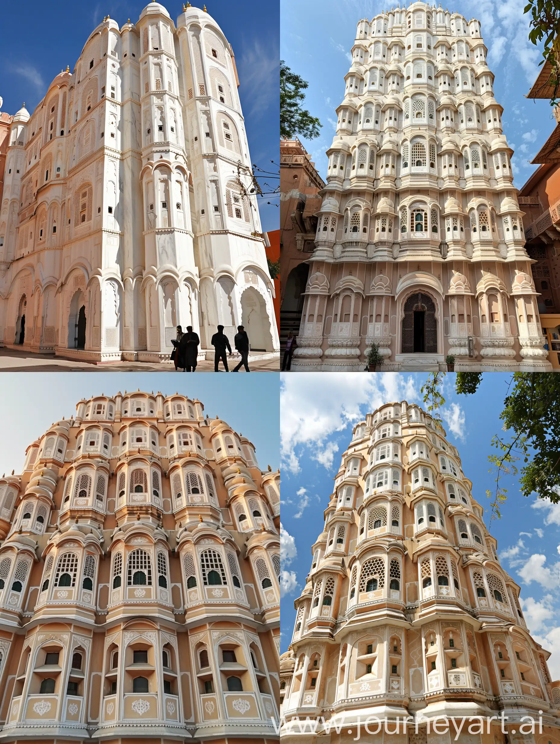 A tall white marbled mughal mosque, Hawa Mahal of Jaipur influences, in style Lal Chand Ustad, fully white marbled facade