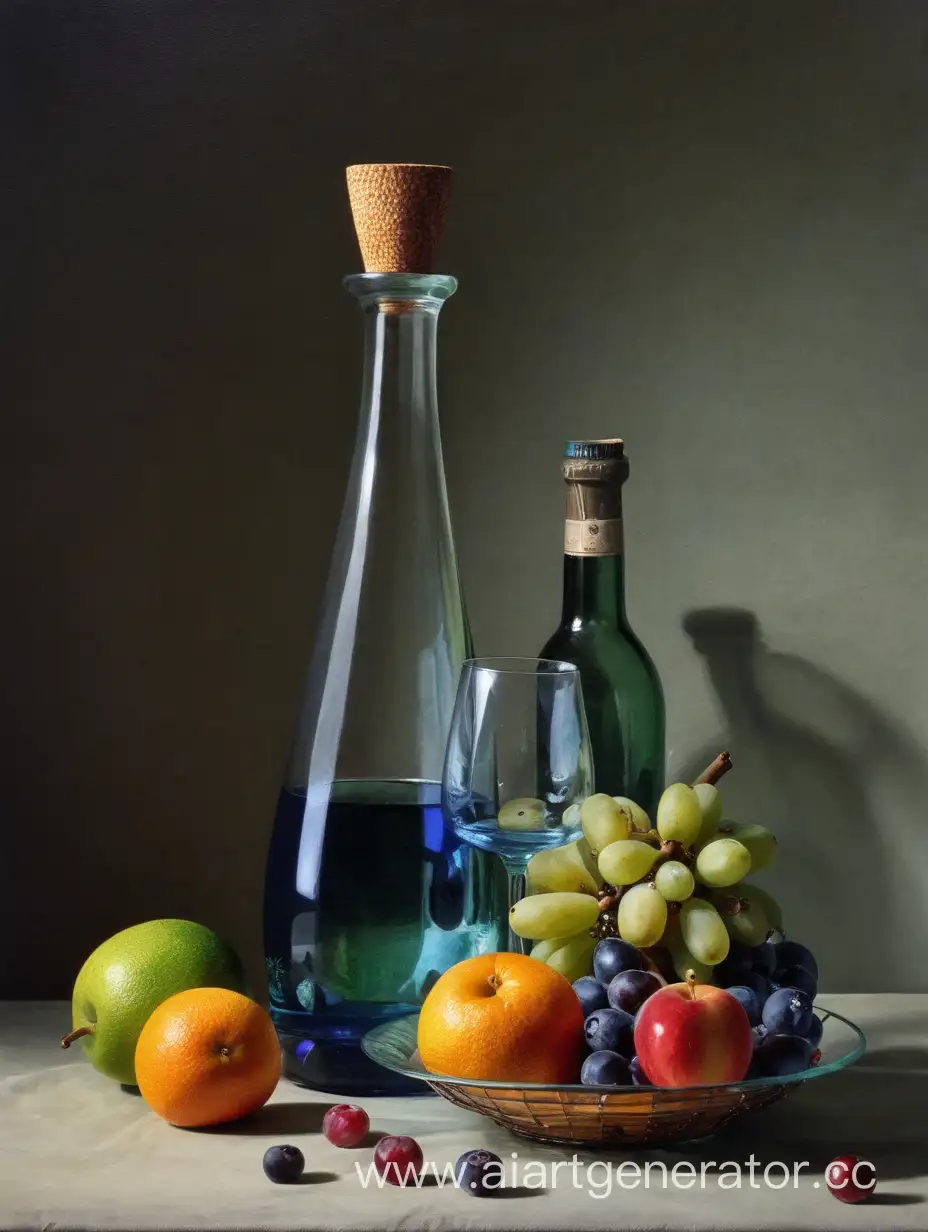 Dutch-Still-Life-with-Fruits-Bottle-and-Glass-in-Simple-Evening-Abstraction