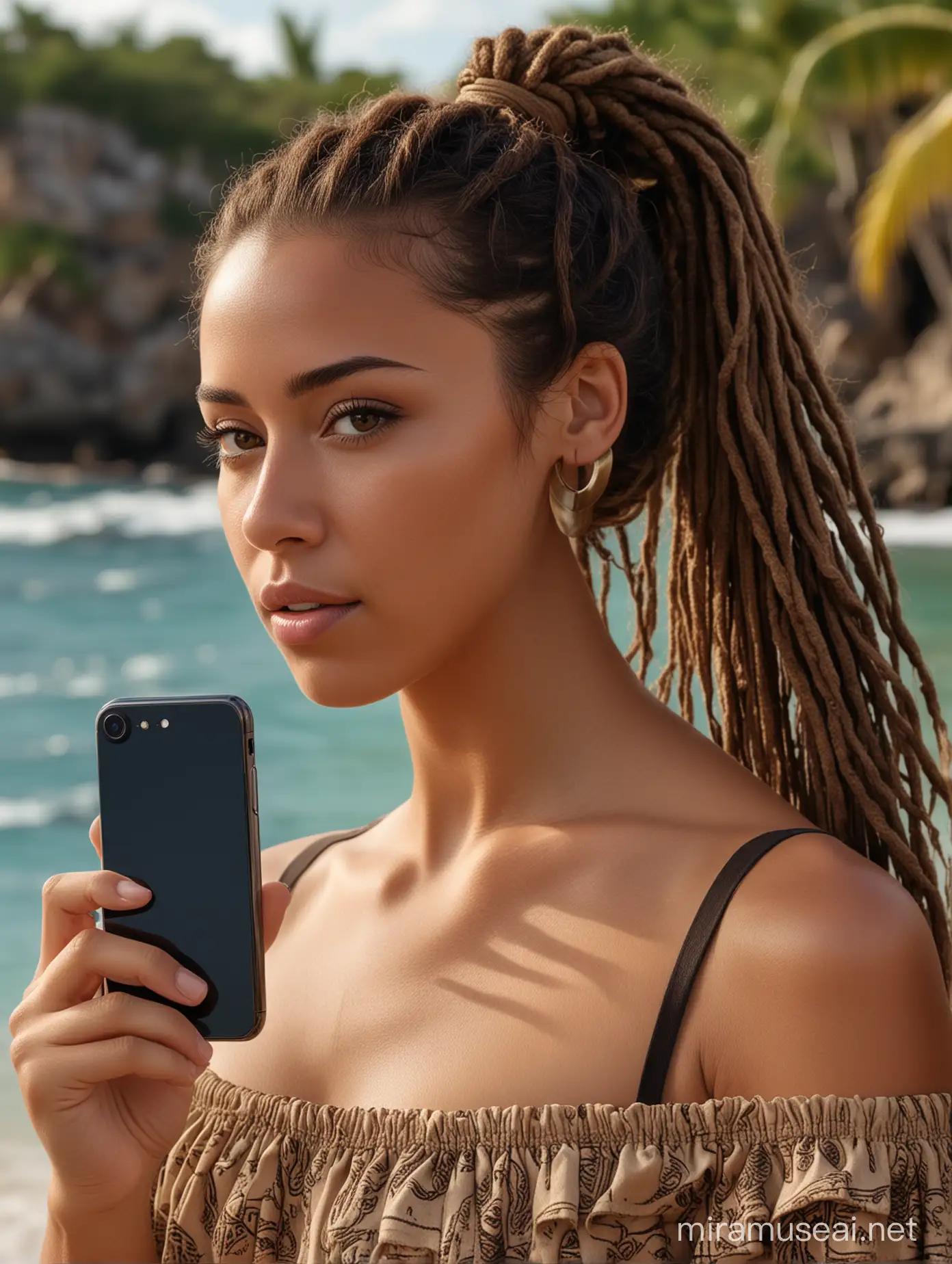 a mid body portrait, with detailed face features,16K, real professionally done Hyperdetailed photo of stylish beautiful carribean using a smartphone, woman with ponytail dreadlocks, using a new Iphone, carfican dress in the style of light brown and dark black, fashwave, mesoamerican influences, carribean shore background, Professional lighting, candid celebrity shots, uhd image, body extensions, natural beauty --ar 69:128 --s 750 --v 5. 2