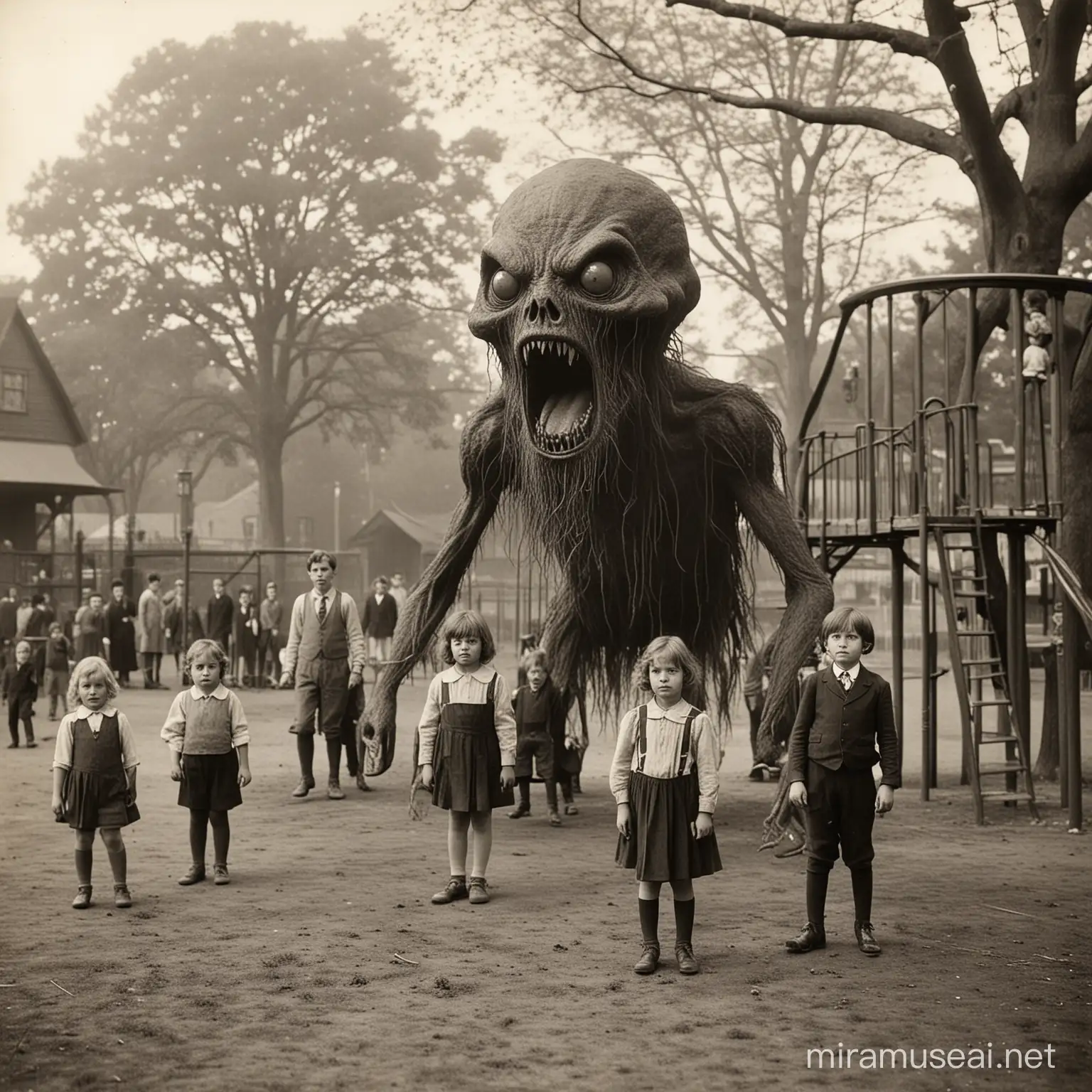 1920's picture of children playing on the playground and within a certain distance a creepy Eldritch abomination lingers and stares at the camera