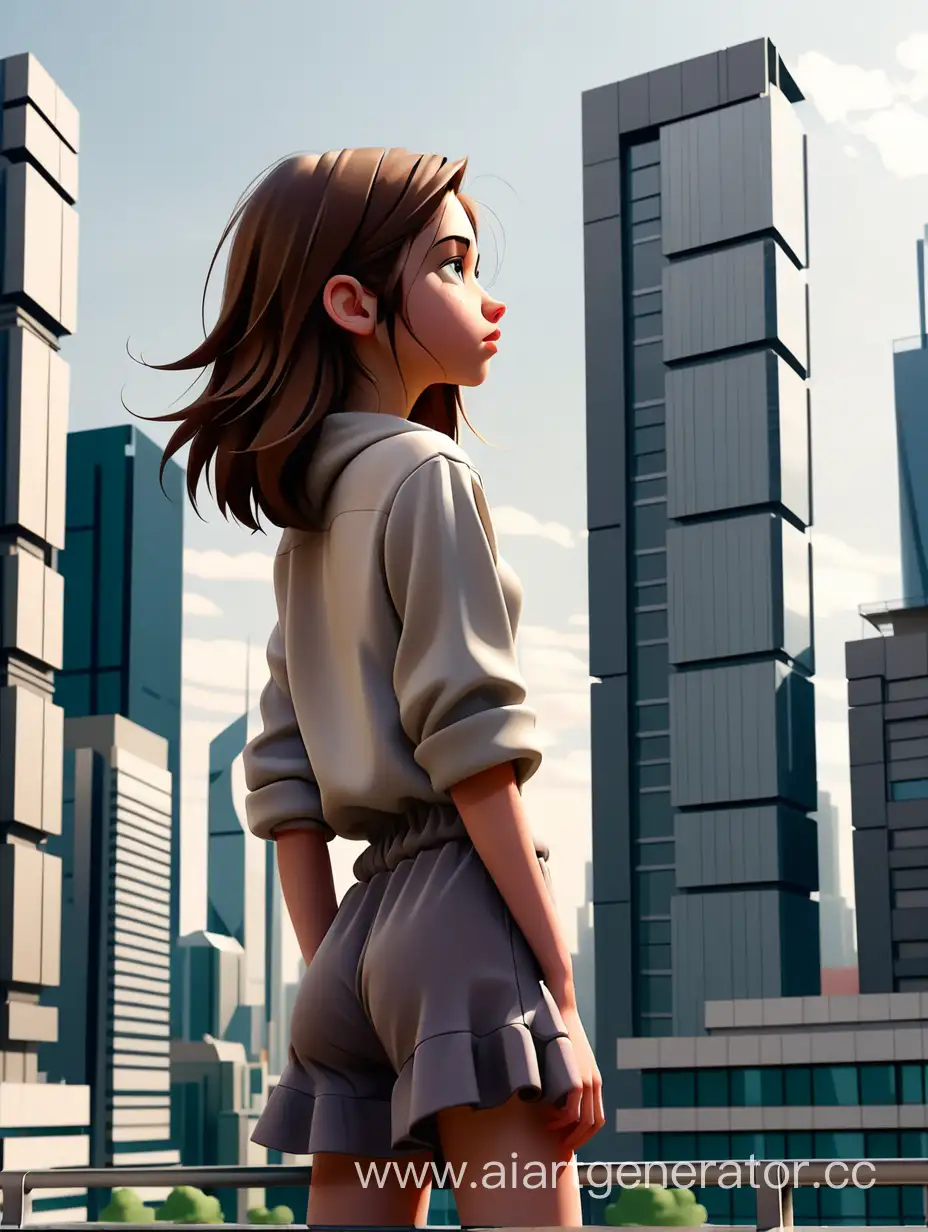 Девушка стоит боком на фоне современного города.